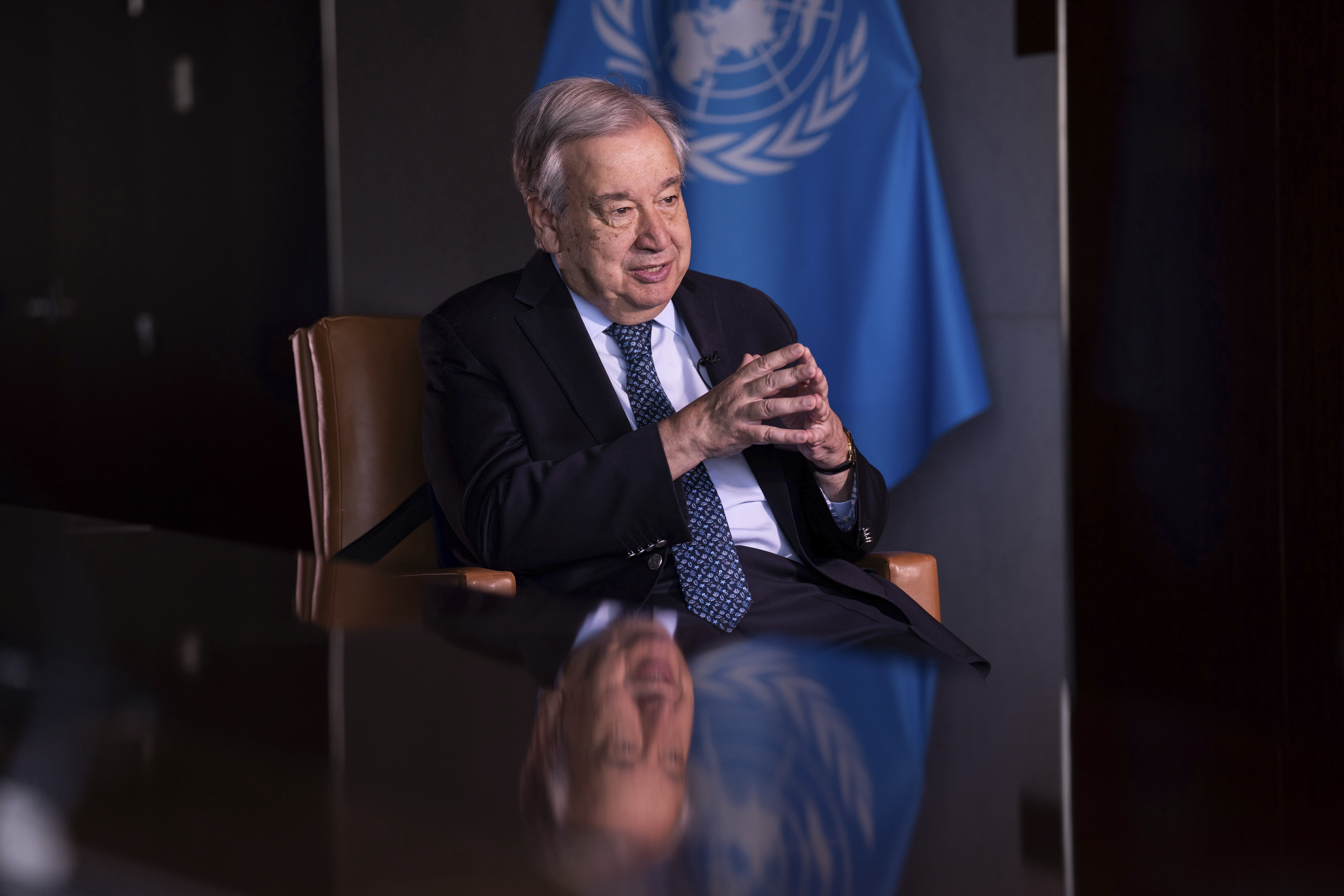 United Nations Secretary-General Antonio Guterres is interviewed by The Associated Press at the United Nations headquarters on Tuesday, July 22, 2025, in New York. (AP Photo/Adam Gray)