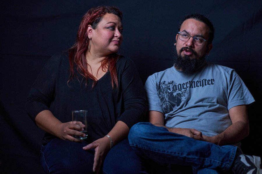 El Salvador journalist Monica Rodriguez, left, and her husband Steve Magaña, an activist, both of whom left the country fearing political persecution, give an interview on Friday, July 18, 2025. (AP Photo/Moises Castillo)