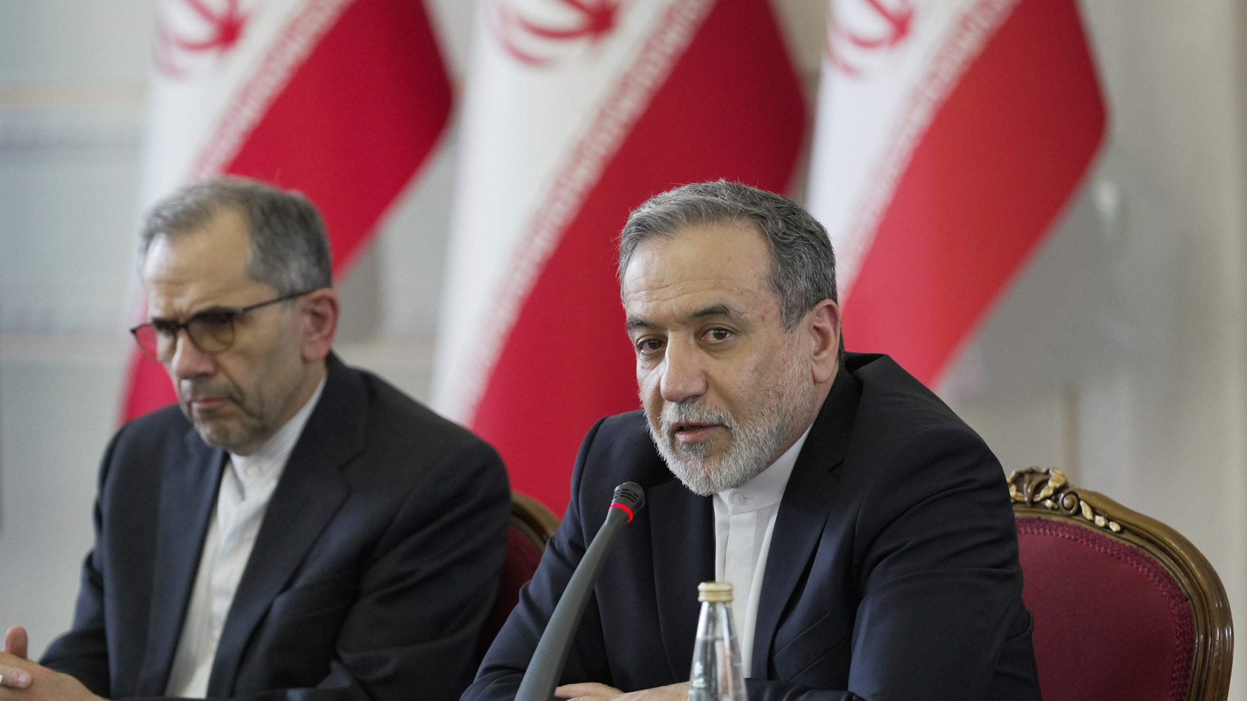 In this photo released by the Iranian Foreign Ministry, Foreign Minister Abbas Araghchi speaks in a meeting with Tehran-based foreign diplomats, Iran, Saturday, July 12, 2025. (Iranian Foreign Ministry, Hamid Forootan via AP)