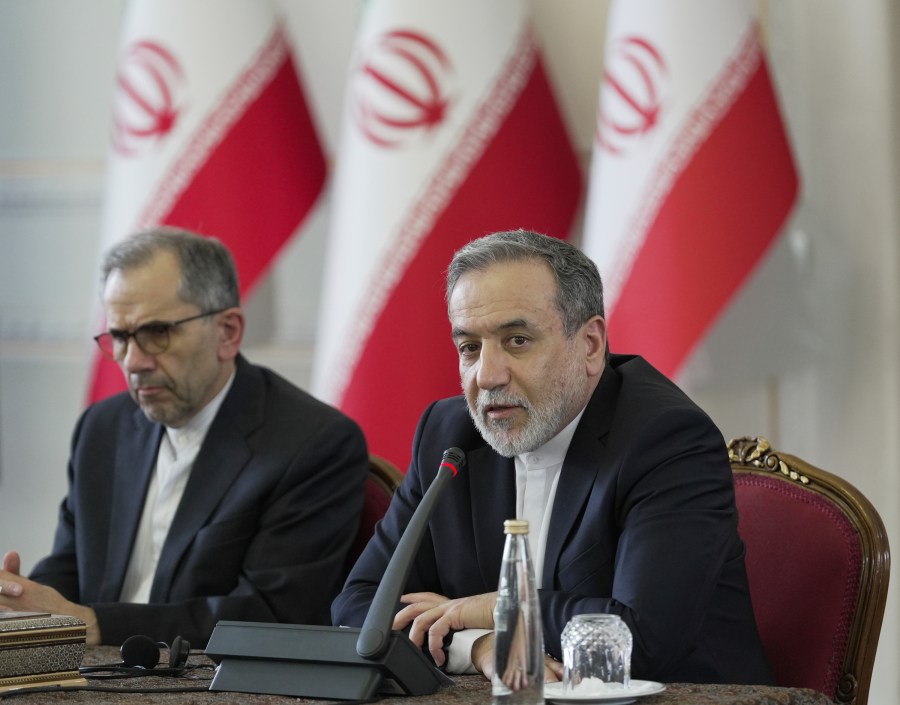 In this photo released by the Iranian Foreign Ministry, Foreign Minister Abbas Araghchi speaks in a meeting with Tehran-based foreign diplomats, Iran, Saturday, July 12, 2025. (Iranian Foreign Ministry, Hamid Forootan via AP)