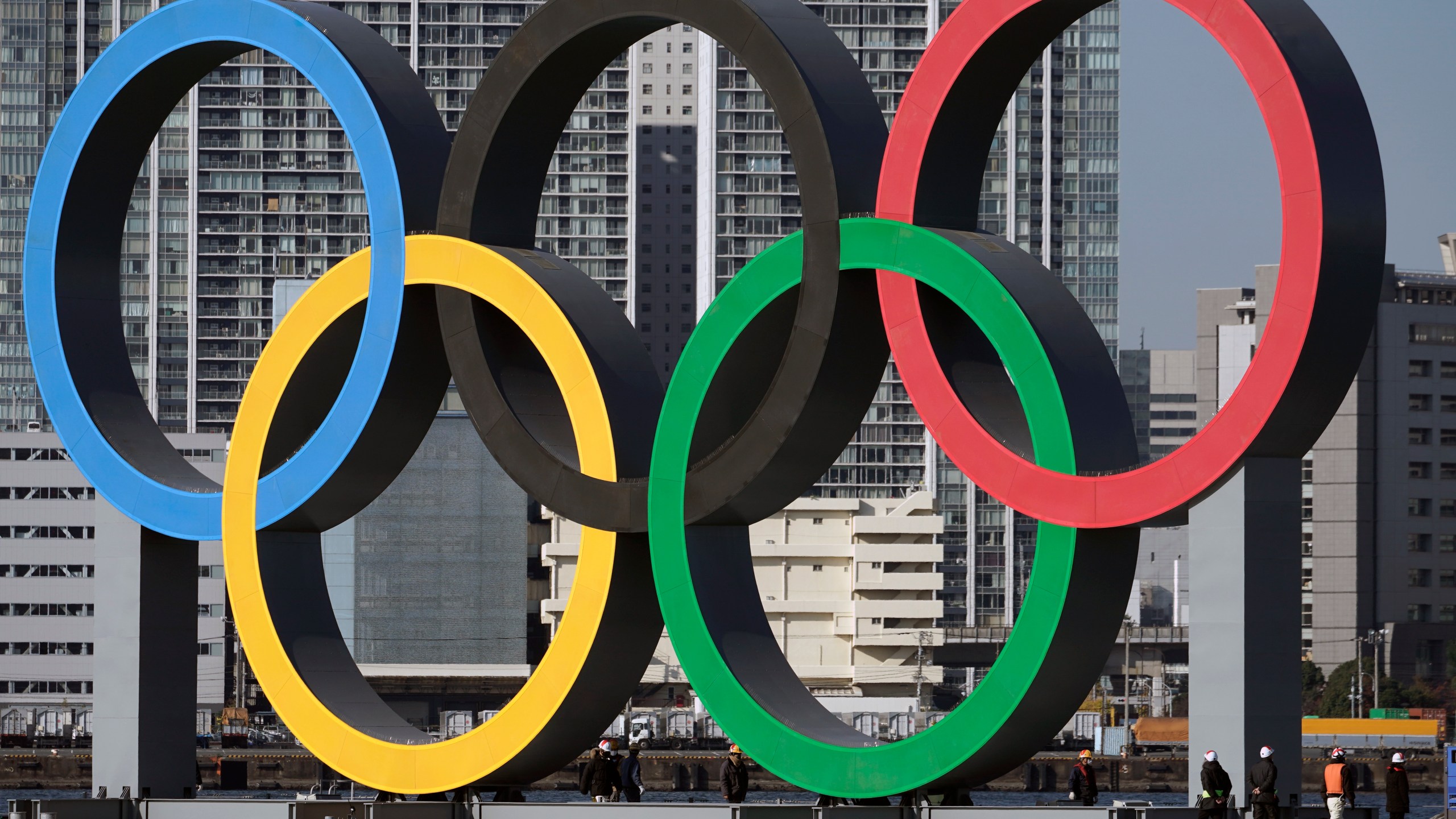 FILE - The Olympic rings are reinstalled after being taken down for maintenance ahead of the postponed Tokyo 2020 Olympics in the Odaiba section in Tokyo, Dec. 1, 2024. (AP Photo/Eugene Hoshiko, File)