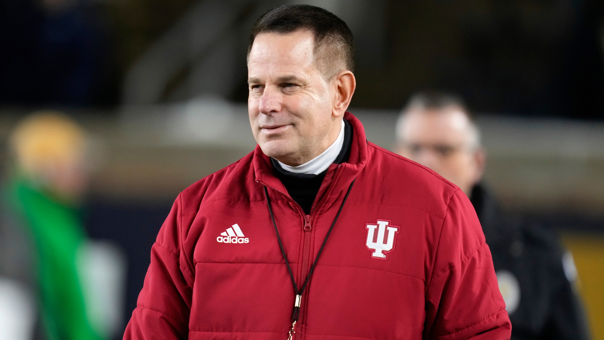 FILE - Indiana head coach Curt Cignetti looks on during warmups in the first round of the College Football Playoff against Notre Dame, Dec. 20, 2024, in South Bend, Ind. (AP Photo/Darron Cummings, File)