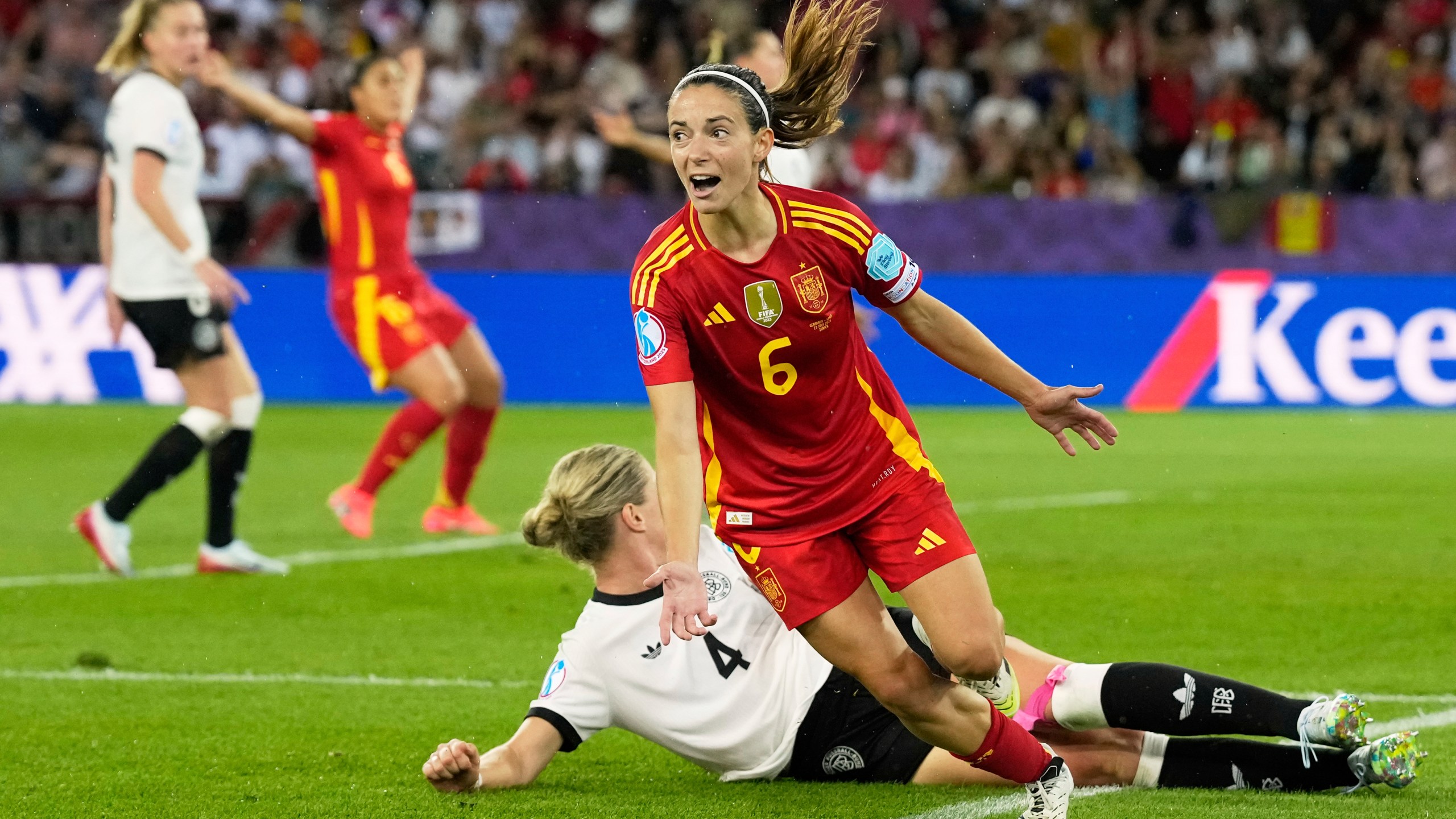 Spain's Aitana Bonmati celebrates after scoring the opening goal during the Women's Euro 2025 semifinals soccer match between Germany and Spain at Stadion Letzigrund in Zurich, Switzerland, Wednesday, July 23, 2025. (AP Photo/Alessandra Tarantino)