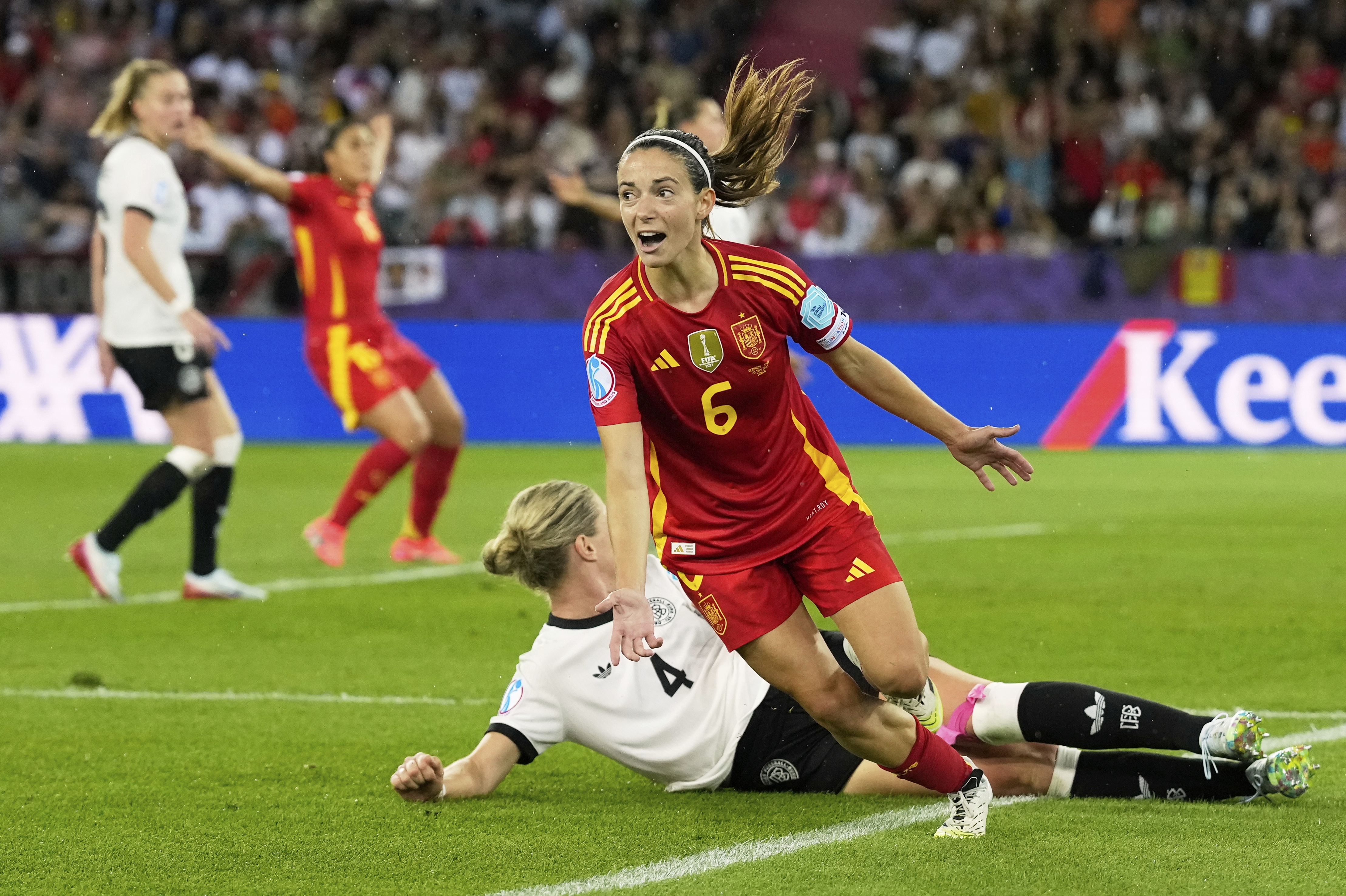 Spain's Aitana Bonmati celebrates after scoring the opening goal during the Women's Euro 2025 semifinals soccer match between Germany and Spain at Stadion Letzigrund in Zurich, Switzerland, Wednesday, July 23, 2025. (AP Photo/Alessandra Tarantino)