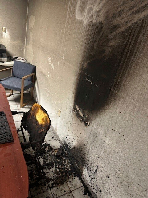 This image provided by the Archuleta County Clerk & Recorder shows damage from a fire inside a room in the Archuleta County Clerk Recorder's office in Pagosa Springs, Colo. (Archuleta County Clerk & Recorder via AP)