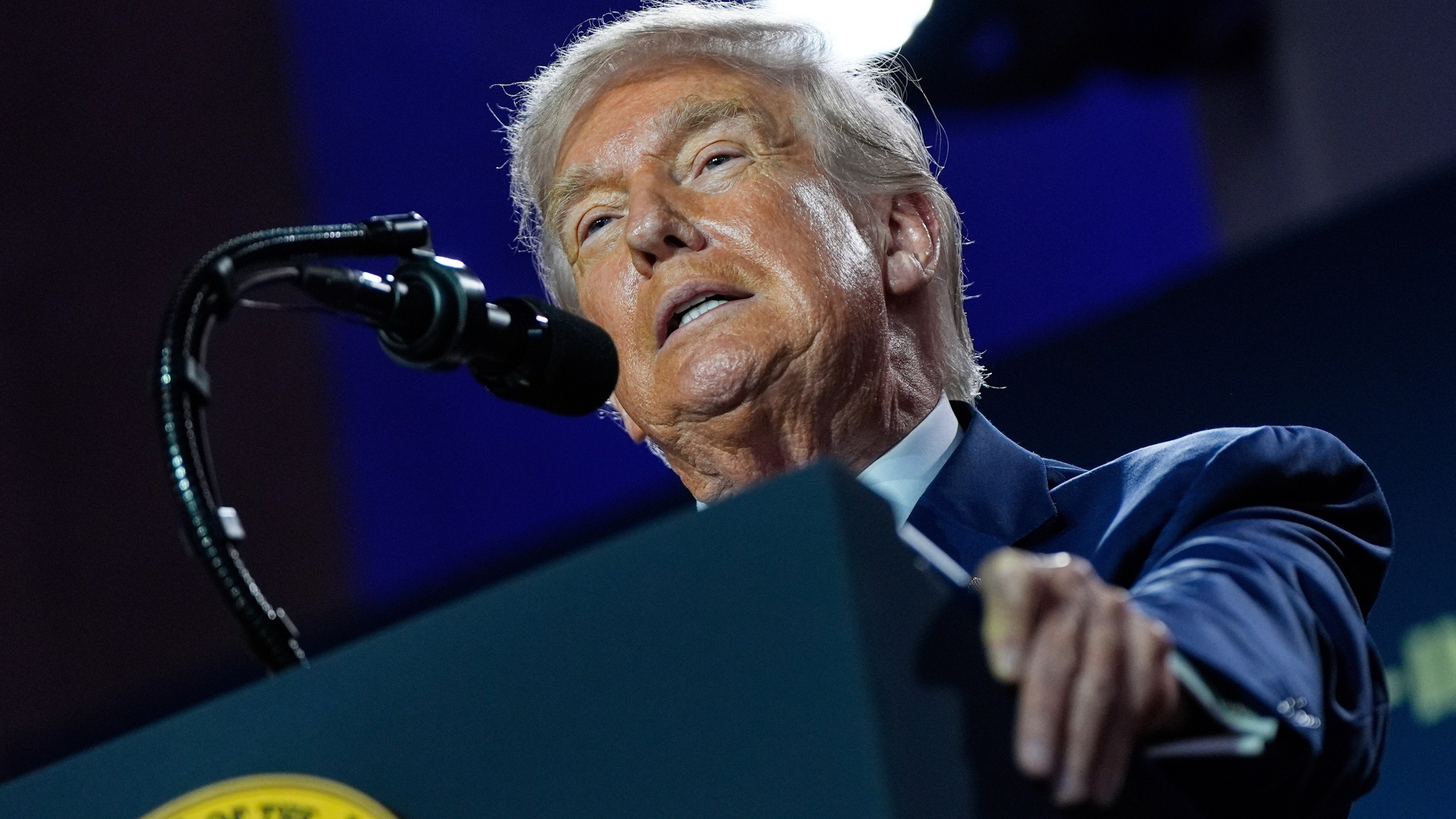 President Donald Trump speaks during an AI summit at the Andrew W. Mellon Auditorium, Wednesday, July 23, 2025, in Washington. (AP Photo/Julia Demaree Nikhinson)