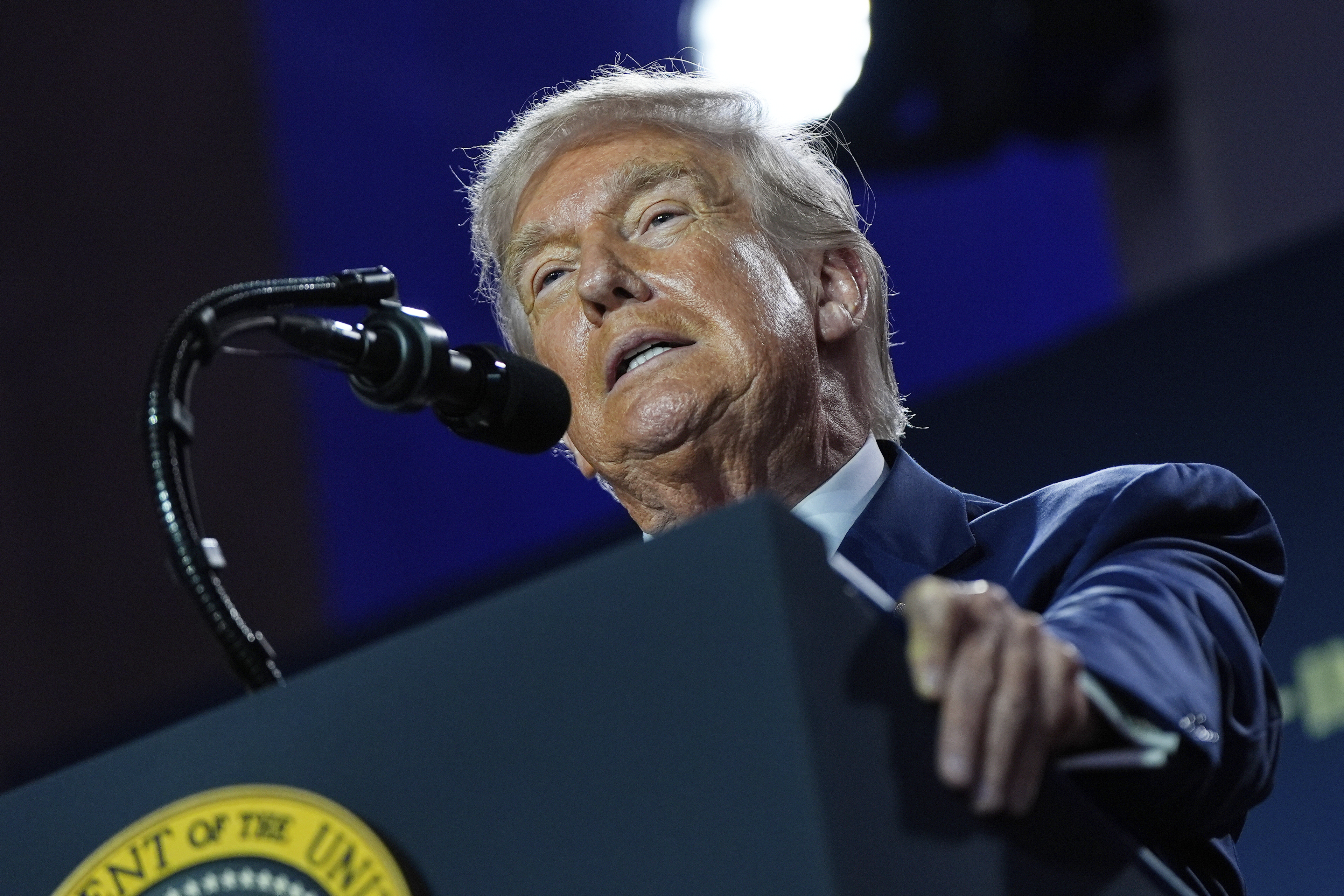 President Donald Trump speaks during an AI summit at the Andrew W. Mellon Auditorium, Wednesday, July 23, 2025, in Washington. (AP Photo/Julia Demaree Nikhinson)