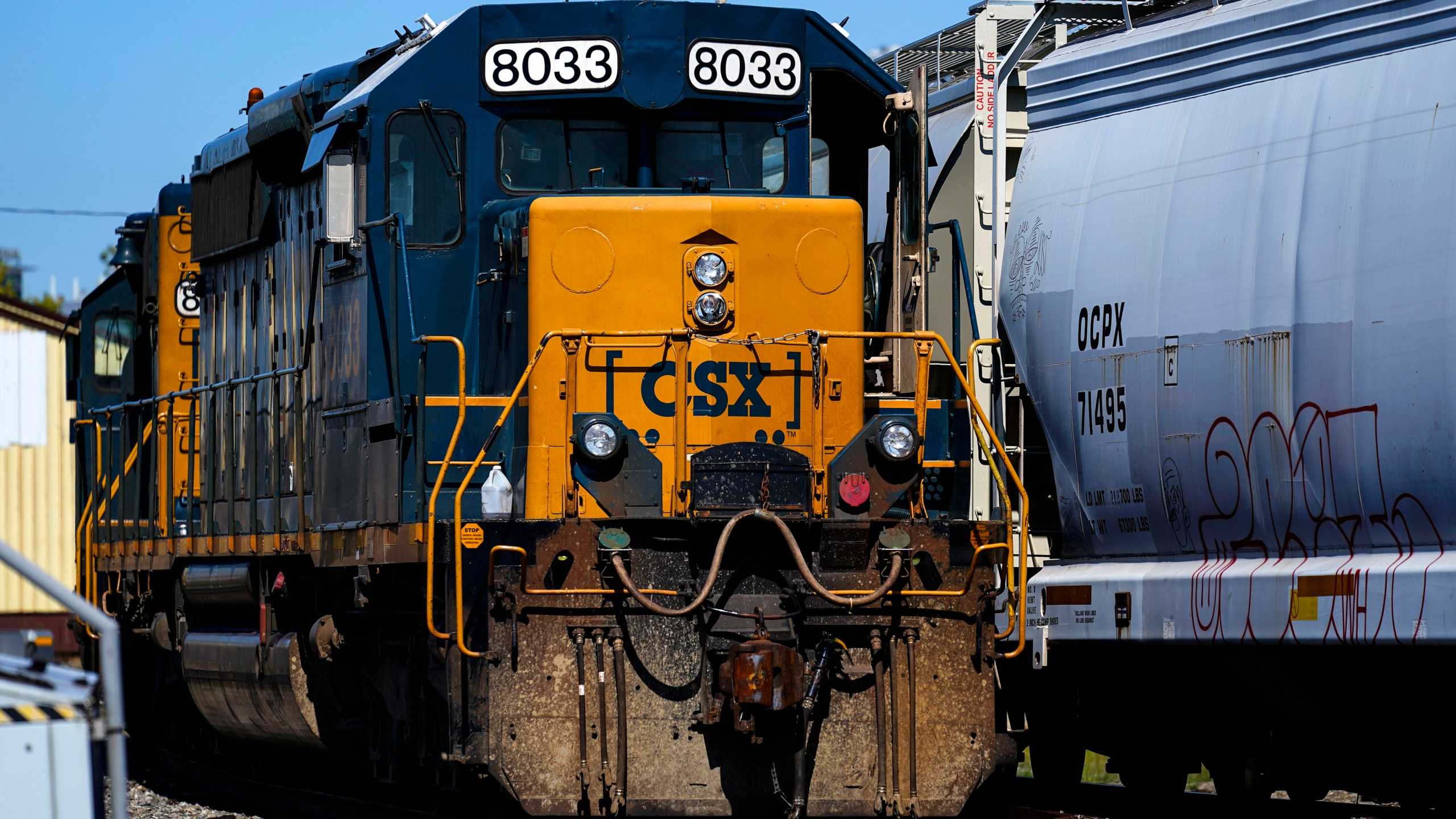 FILE - A CSX train engine sits idle on tracks in Philadelphia, Sept. 14, 2022. (AP Photo/Matt Rourke, File)
