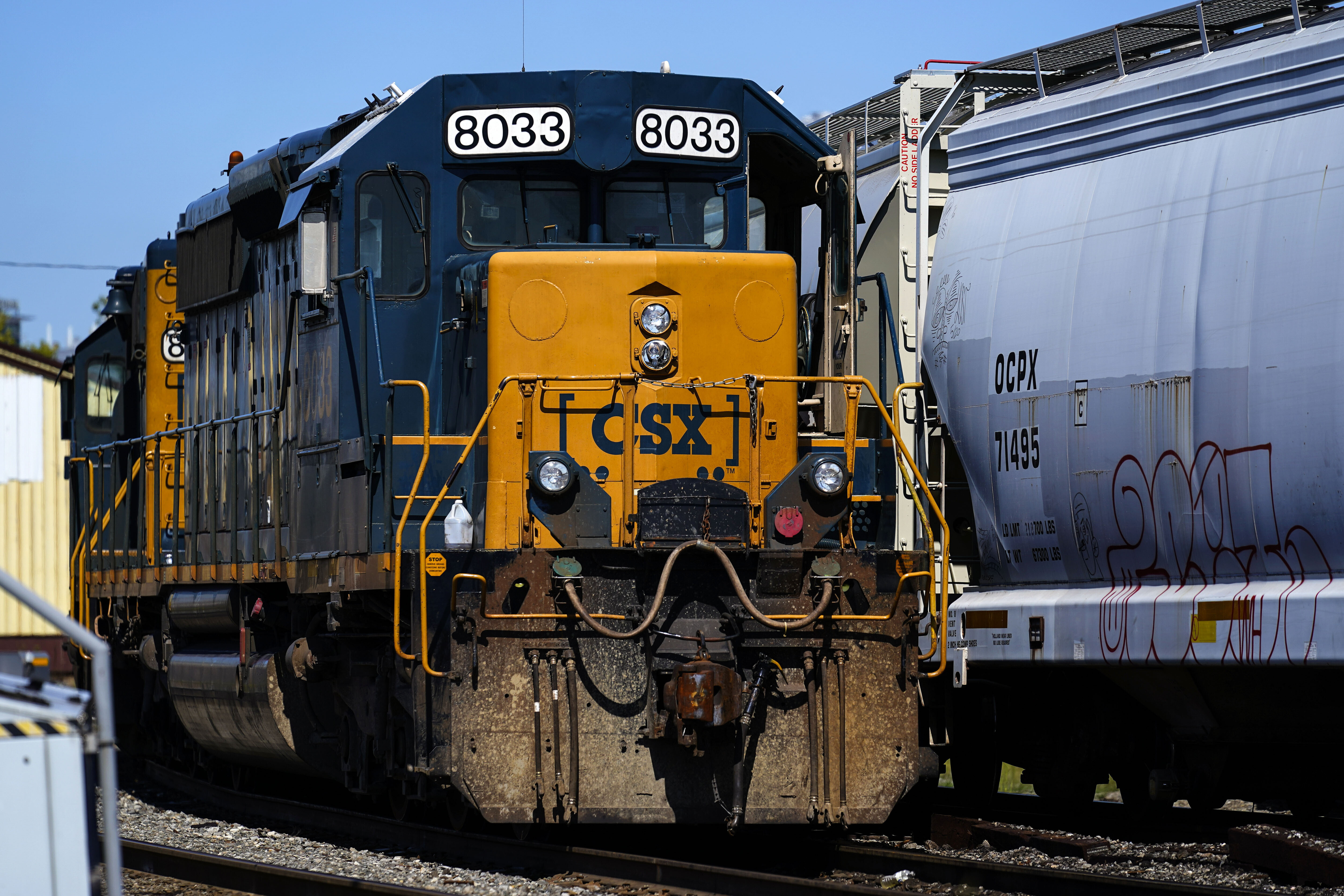 FILE - A CSX train engine sits idle on tracks in Philadelphia, Sept. 14, 2022. (AP Photo/Matt Rourke, File)