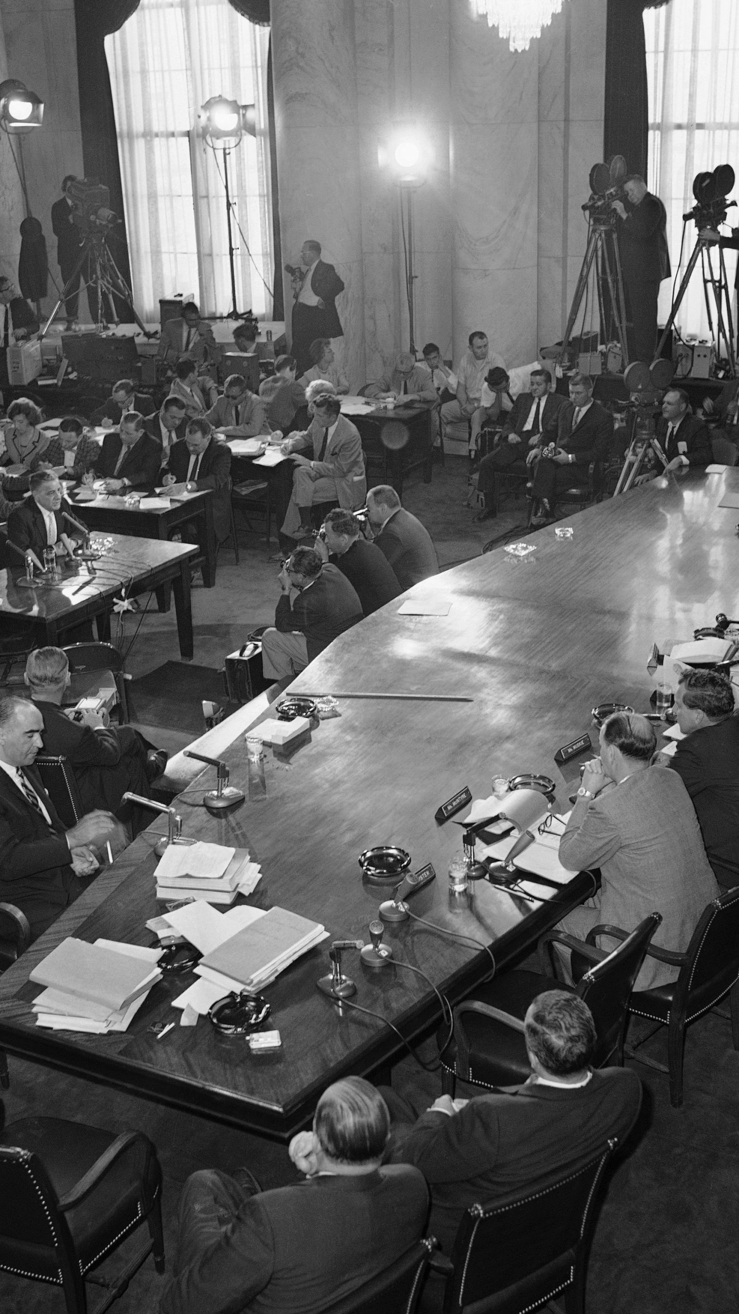 FILE - Joseph Valachi, center left, testifies before the Senate Investigate Subcommittee in Washington, Sept. 27, 1963. (AP Photo, File)