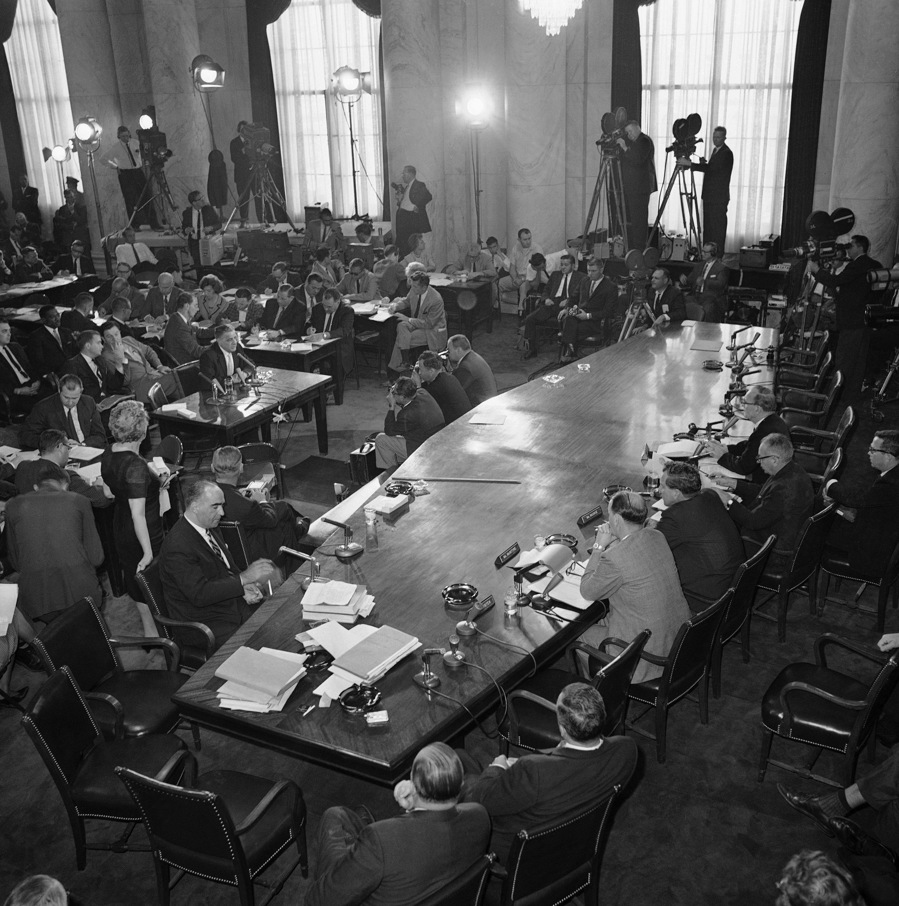 FILE - Joseph Valachi, center left, testifies before the Senate Investigate Subcommittee in Washington, Sept. 27, 1963. (AP Photo, File)