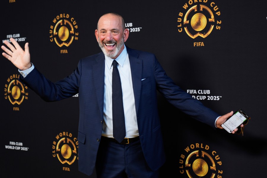 Don Garber, Major League Soccer commissioner, gestures as he arrives for the Club World Cup final soccer match between Chelsea and PSG in East Rutherford, N.J., Sunday, July 13, 2025. (AP Photo/Pamela Smith)