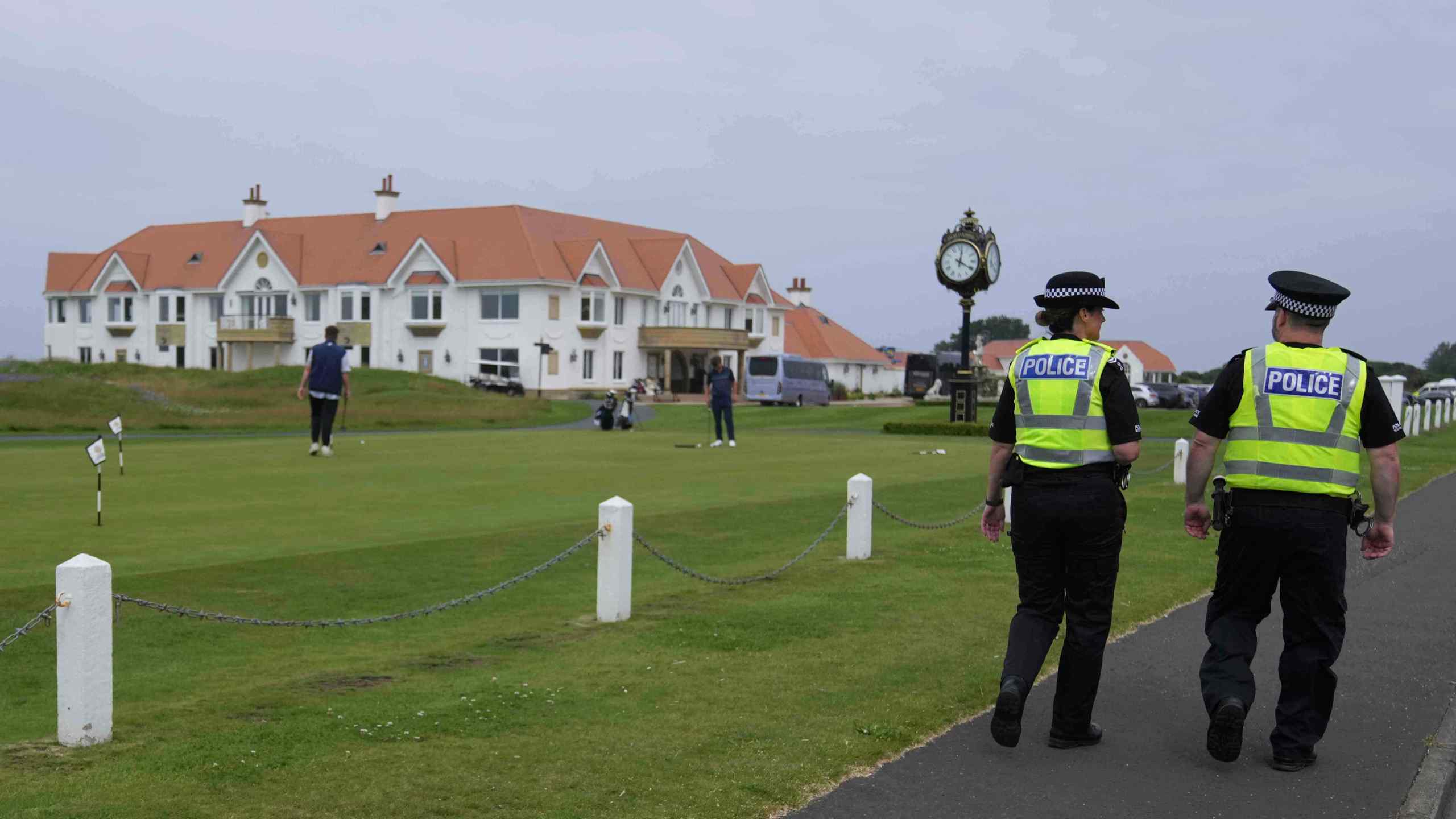 Police patrol near the Trump Turnberry golf course in Turnberry, Scotland, Wednesday, July 23, 2025, President Trump is expected to visit Scotland in the next few day. (AP Photo/Alastair Grant)