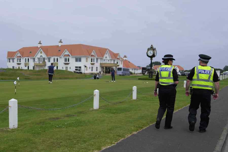 Police patrol near the Trump Turnberry golf course in Turnberry, Scotland, Wednesday, July 23, 2025, President Trump is expected to visit Scotland in the next few day. (AP Photo/Alastair Grant)