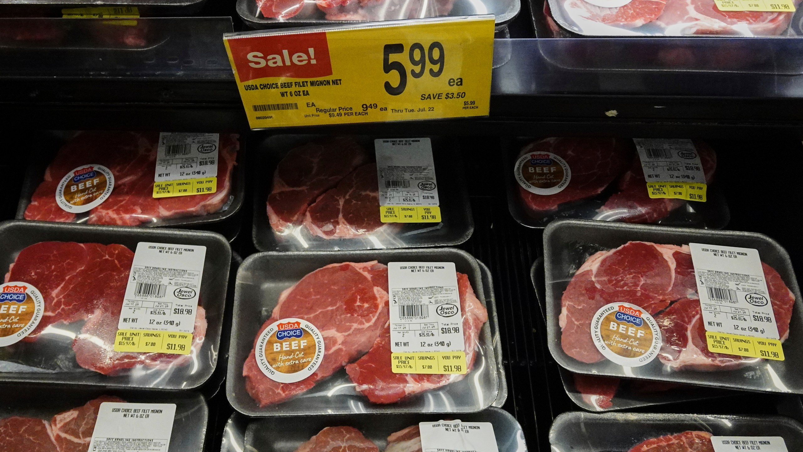 FILE - A price for beef is displayed on a shelf at a grocery store in Mount Prospect, Ill., Thursday, July 17, 2025. (AP Photo/Nam Y. Huh, File)