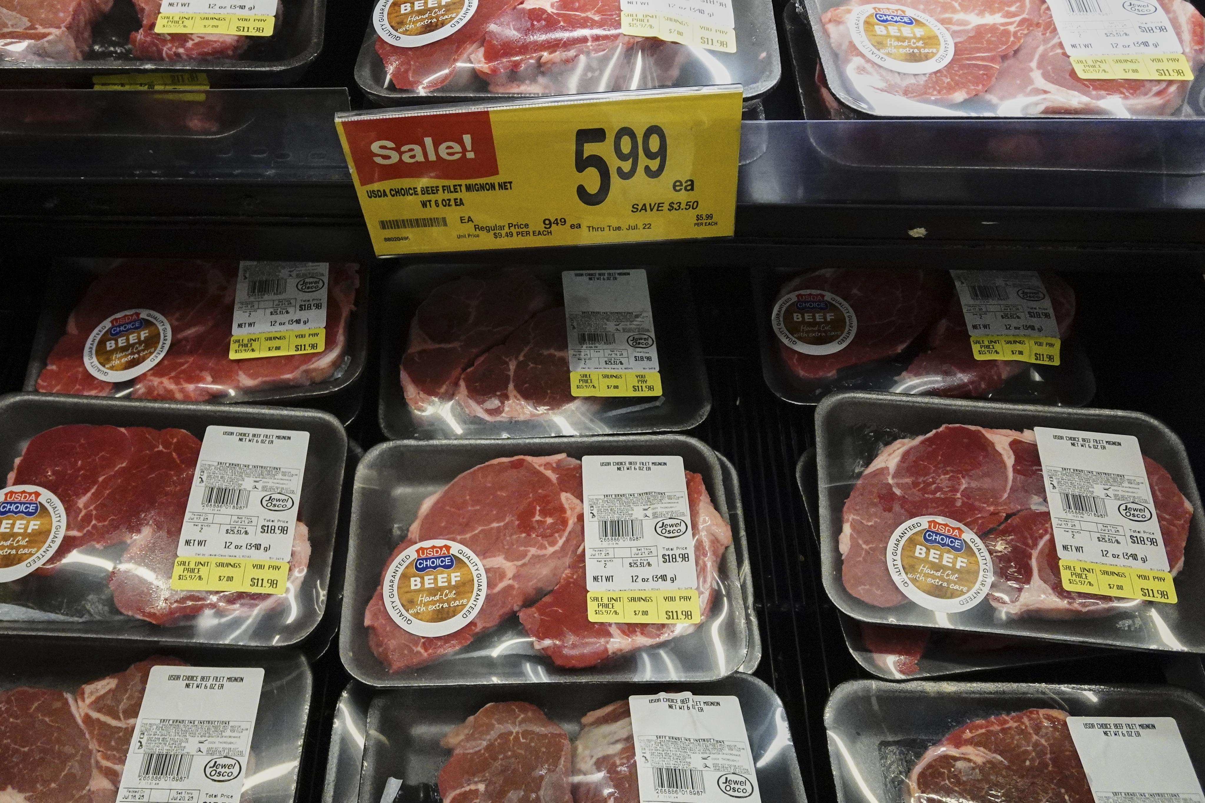 FILE - A price for beef is displayed on a shelf at a grocery store in Mount Prospect, Ill., Thursday, July 17, 2025. (AP Photo/Nam Y. Huh, File)