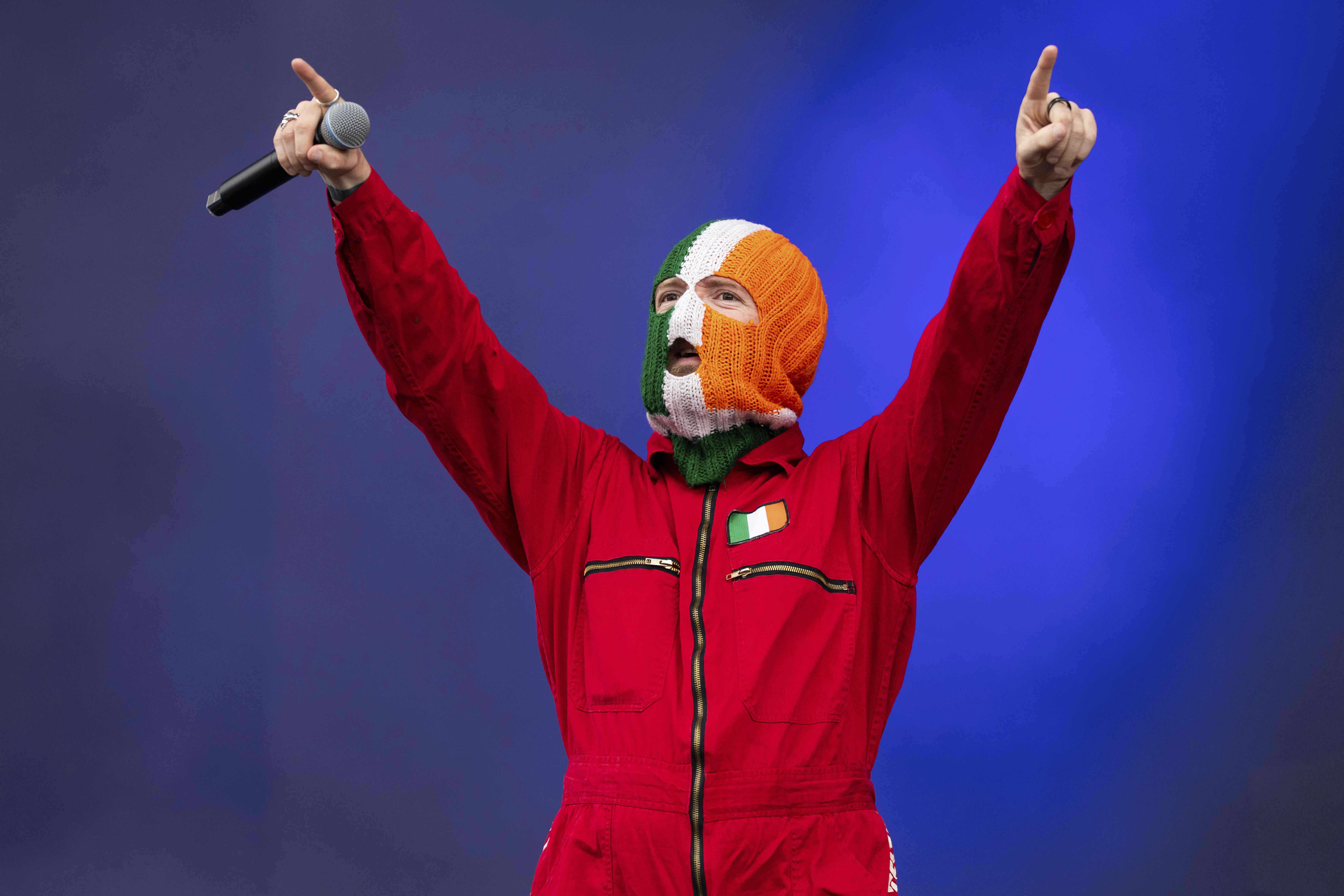 J. J. O Dochartaigh from the hip hop trio Kneecap in Finsbury Park on Saturday, July 5, 2025, in London. (Photo by Scott A Garfitt/Invision/AP)