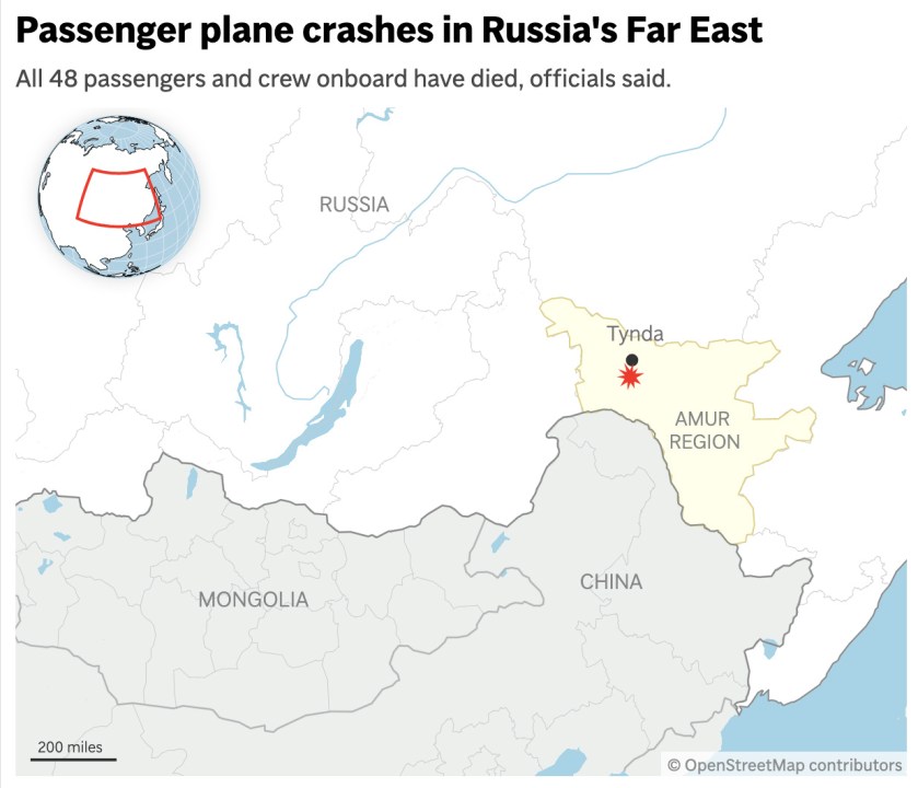 The map above shows the location of a plane crash in Russia's Far East. (AP Graphic)