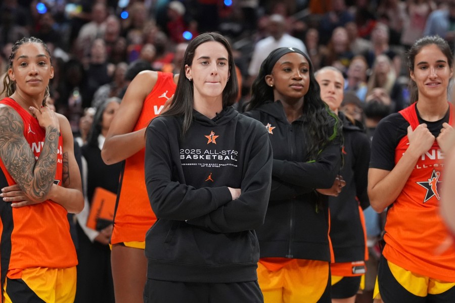 Indiana Fever's Caitlin Clark watches following a WNBA All-Star basketball game against Team Collier, Saturday, July 19, 2025, in Indianapolis. (AP Photo/Michael Conroy)