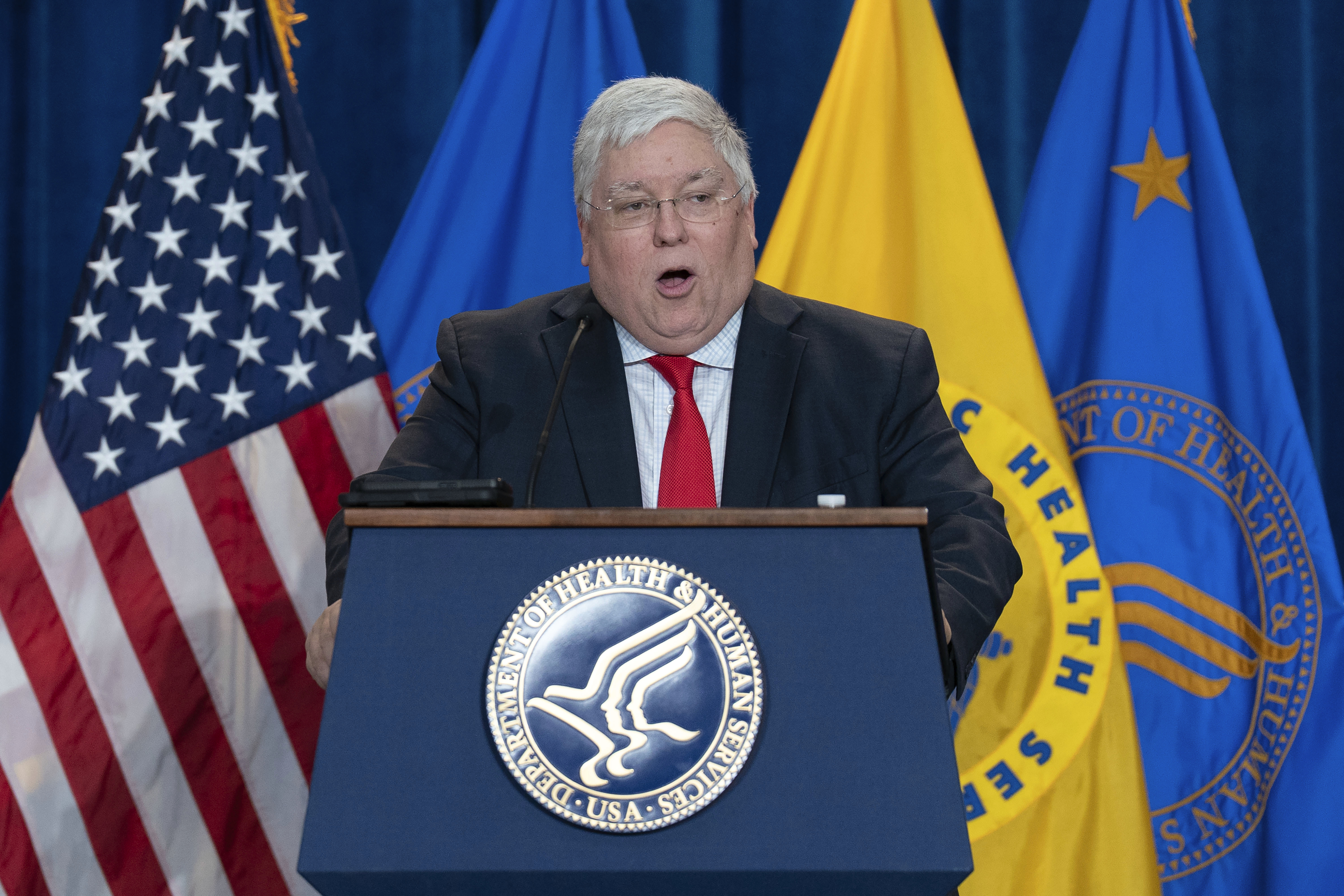 FILE - West Virginia Gov. Patrick Morrisey speaks during a news conference at the Hubert Humphrey Building Auditorium in Washington, April 22, 2025. (AP Photo/Jose Luis Magana, File)