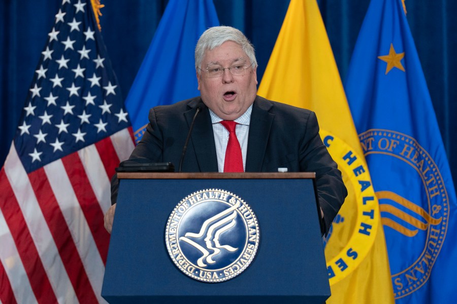 FILE - West Virginia Gov. Patrick Morrisey speaks during a news conference at the Hubert Humphrey Building Auditorium in Washington, April 22, 2025. (AP Photo/Jose Luis Magana, File)