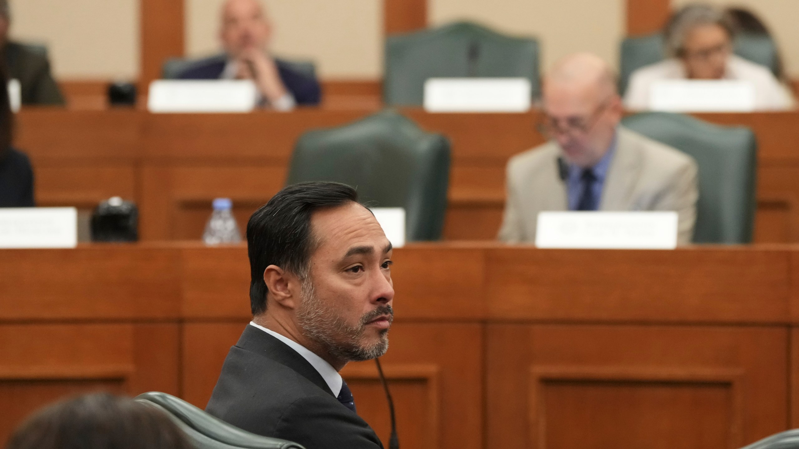Rep. Joaquin Castro, D-Texas, waits to testify during a hearing on redistricting at the Texas Capitol, Thursday, July 24, 2025, in Austin, Texas. (AP Photo/Eric Gay)