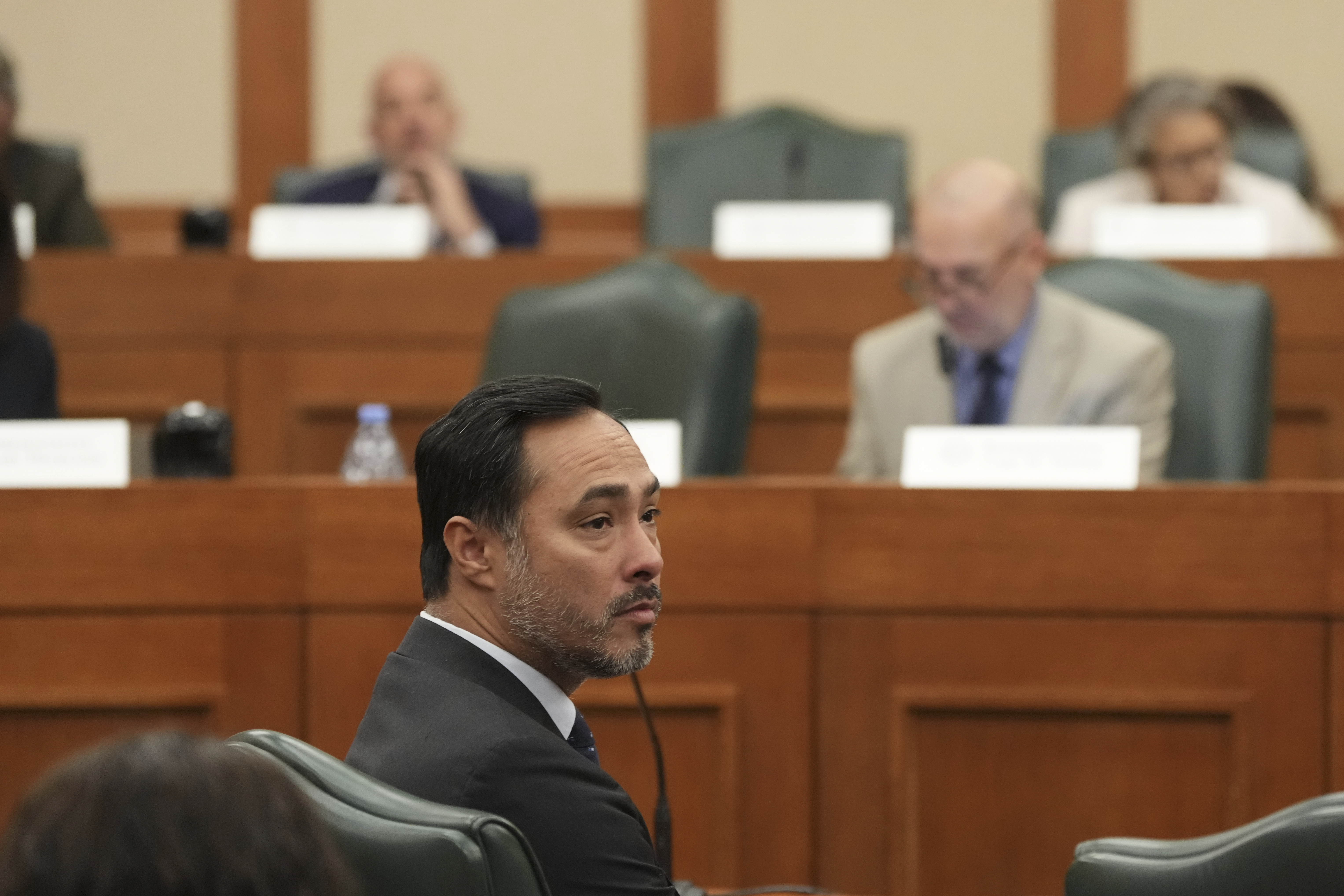 Rep. Joaquin Castro, D-Texas, waits to testify during a hearing on redistricting at the Texas Capitol, Thursday, July 24, 2025, in Austin, Texas. (AP Photo/Eric Gay)