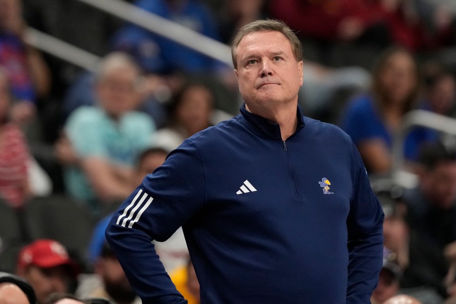 FILE - Kansas head coach Bill Self is seen on the sidelines during the second half of an NCAA college basketball game against UCF in the second round of the Big 12 Conference tournament, March 12, 2025, in Kansas City, Mo. (AP Photo/Charlie Riedel, File)