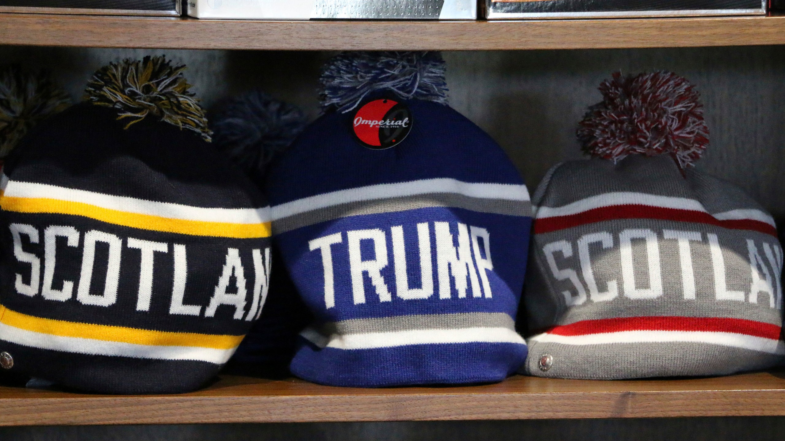 FILE - Merchandise on sale at the Trump International golf course in Balmedie, Scotland, Oct. 6, 2017. (AP Photo/Renee Graham, File)