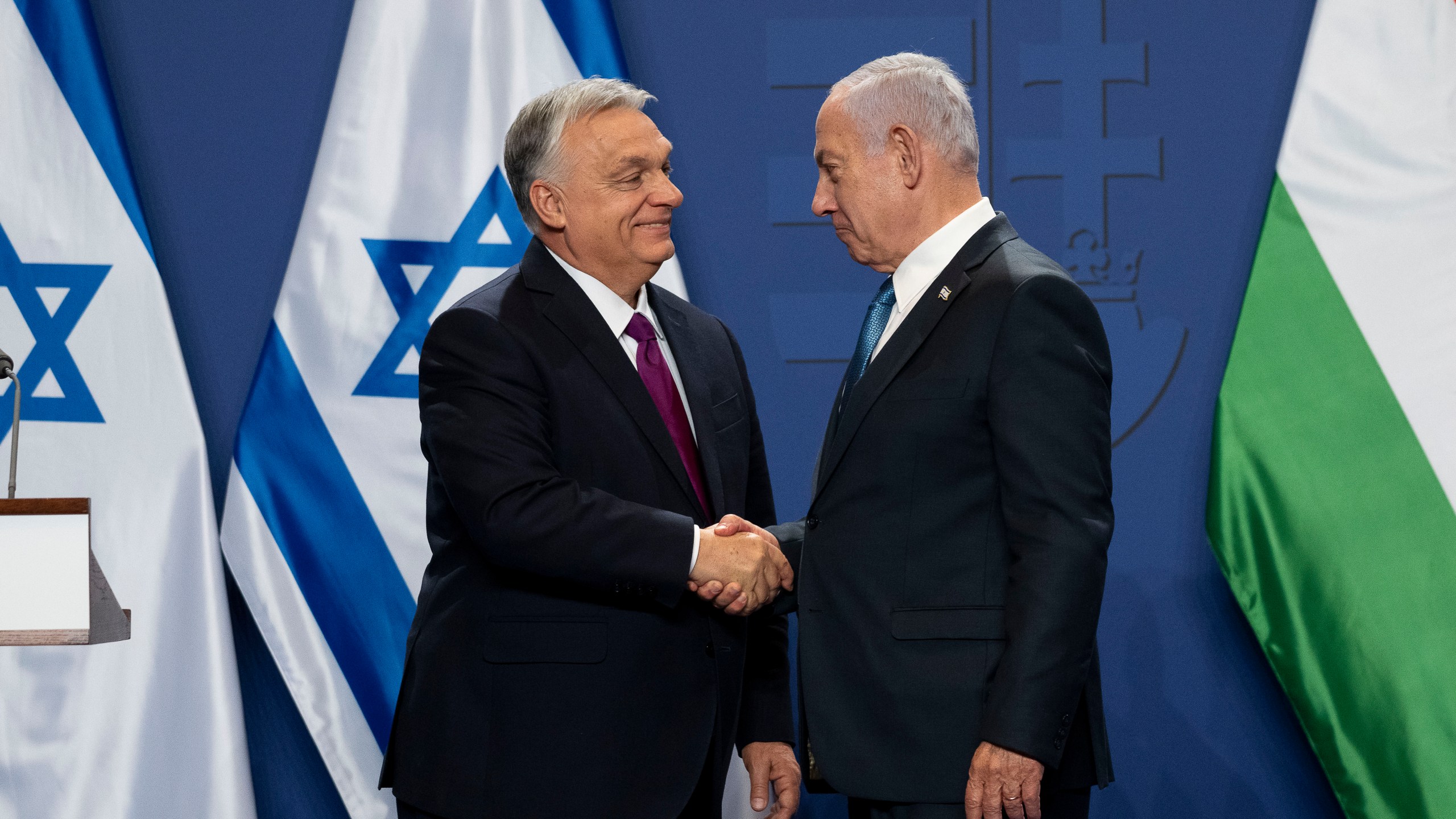 FILE -Hungarian Prime Minister Viktor Orban, left, and Israeli Prime Minister Benjamin Netanyahu, right, shake hands after a press statement at the Carmelite Monastery in the Buda Castle in Budapest, Hungary, April 3, 2025. (AP Photo/Denes Erdos, File)