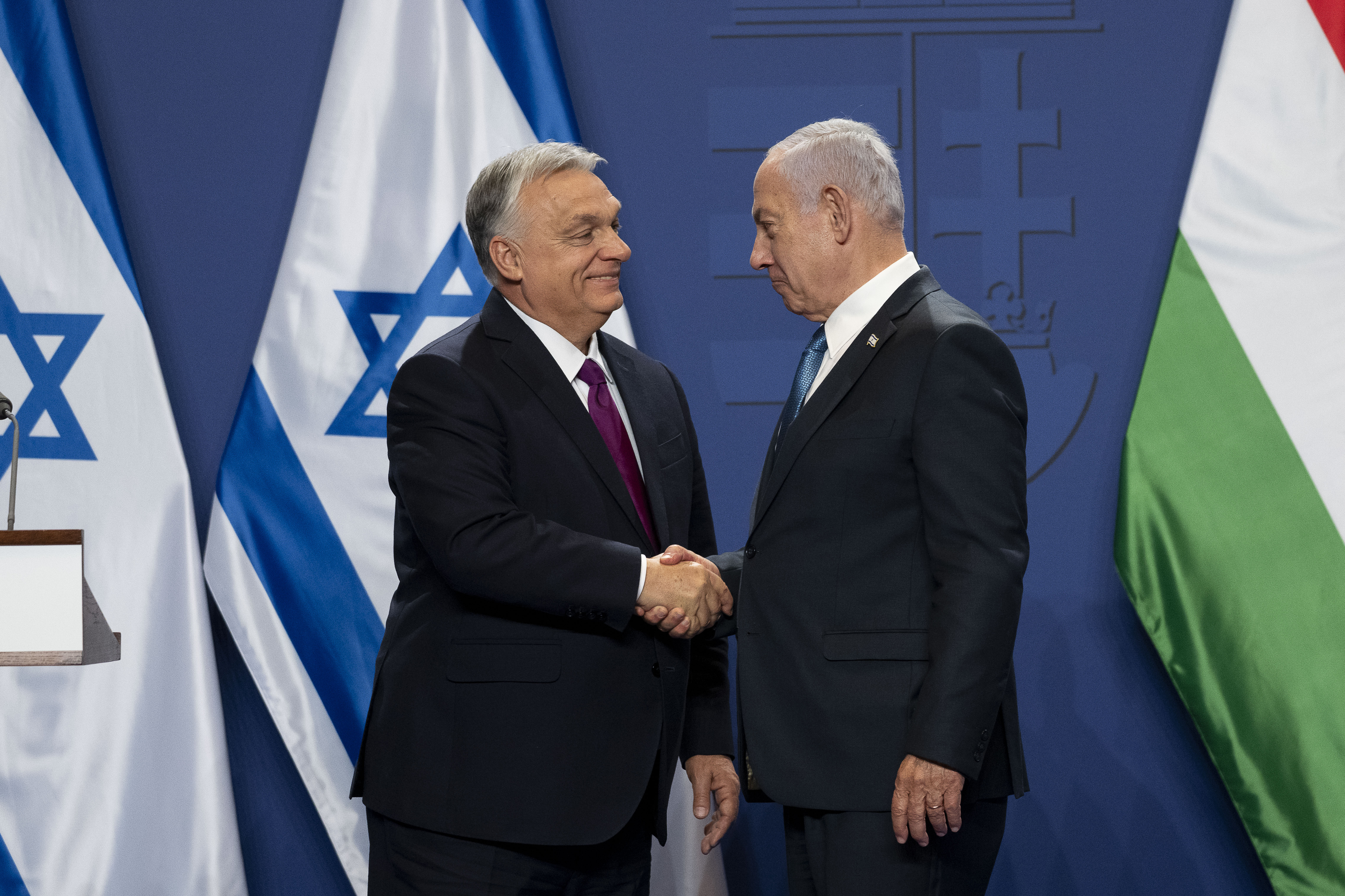 FILE -Hungarian Prime Minister Viktor Orban, left, and Israeli Prime Minister Benjamin Netanyahu, right, shake hands after a press statement at the Carmelite Monastery in the Buda Castle in Budapest, Hungary, April 3, 2025. (AP Photo/Denes Erdos, File)