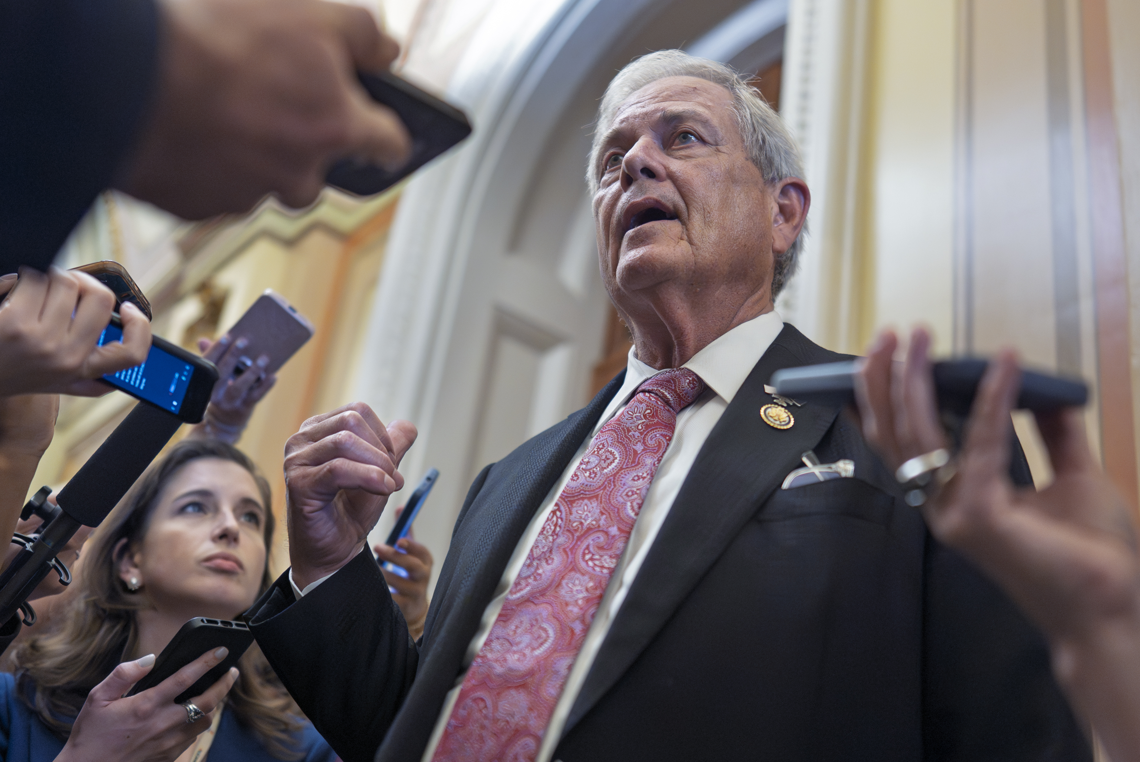 Rep. Ralph Norman, R-S.C., a member of the conservative House Freedom Caucus, speaks to reporters following his White House meeting as Republicans work to push President Donald Trump's signature bill of tax breaks and spending cuts across the finish line even as conservative and moderate GOP holdouts slow that effort, at the Capitol in Washington, Wednesday, July 2, 2025. (AP Photo/J. Scott Applewhite)