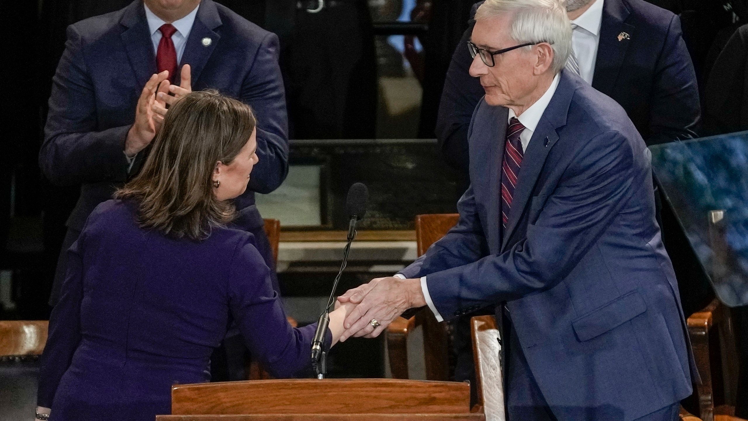 FILE - Wisconsin Gov. Tony Evers shakes hands with Lt. Gov. Sara Rodriguez at an inauguration ceremony at the Wisconsin State Capitol in Madison, Wis., Jan. 3, 2023. (AP Photo/Morry Gash, File)