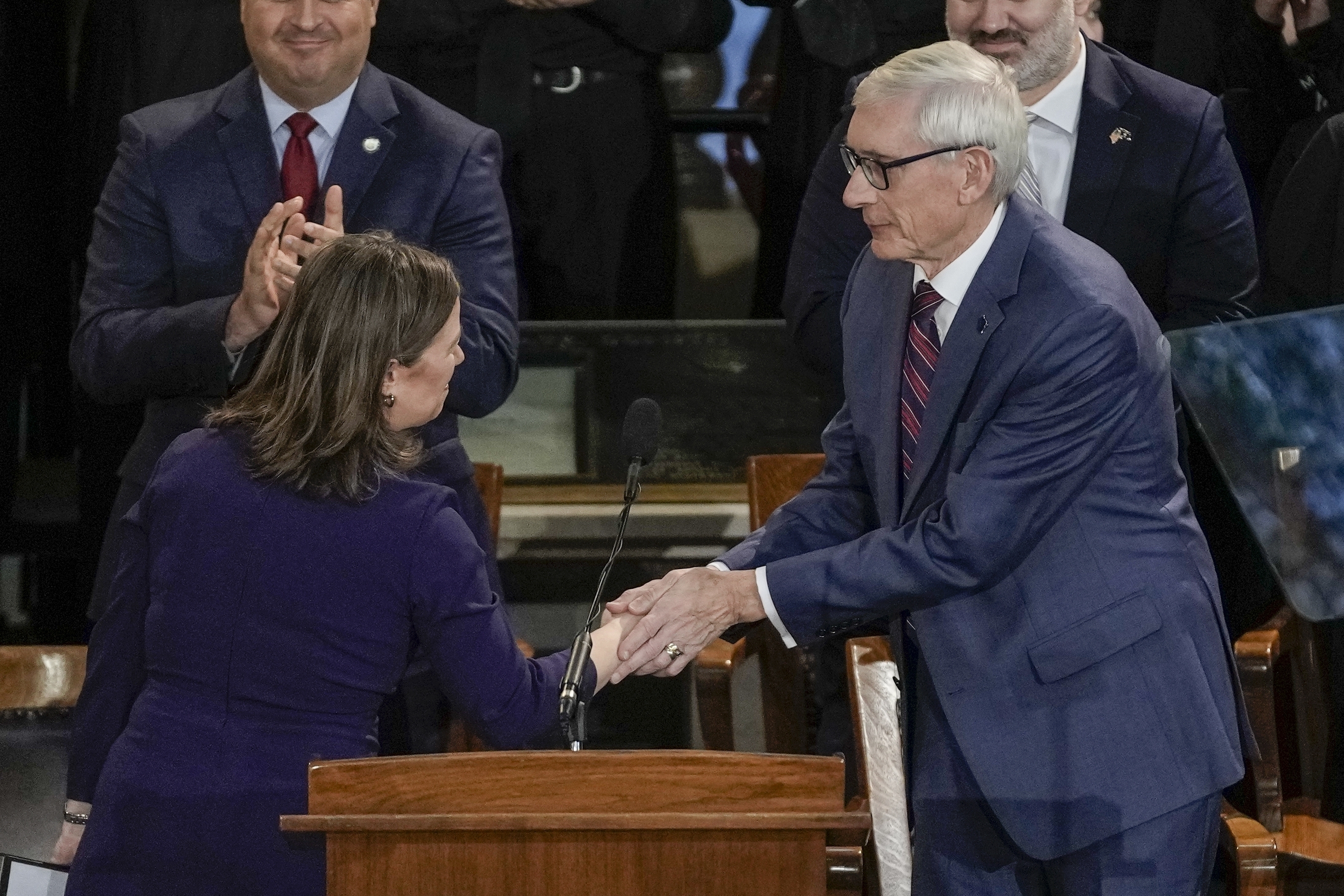 FILE - Wisconsin Gov. Tony Evers shakes hands with Lt. Gov. Sara Rodriguez at an inauguration ceremony at the Wisconsin State Capitol in Madison, Wis., Jan. 3, 2023. (AP Photo/Morry Gash, File)