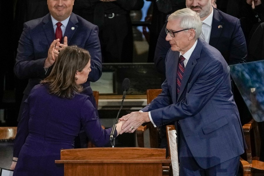 FILE - Wisconsin Gov. Tony Evers shakes hands with Lt. Gov. Sara Rodriguez at an inauguration ceremony at the Wisconsin State Capitol in Madison, Wis., Jan. 3, 2023. (AP Photo/Morry Gash, File)