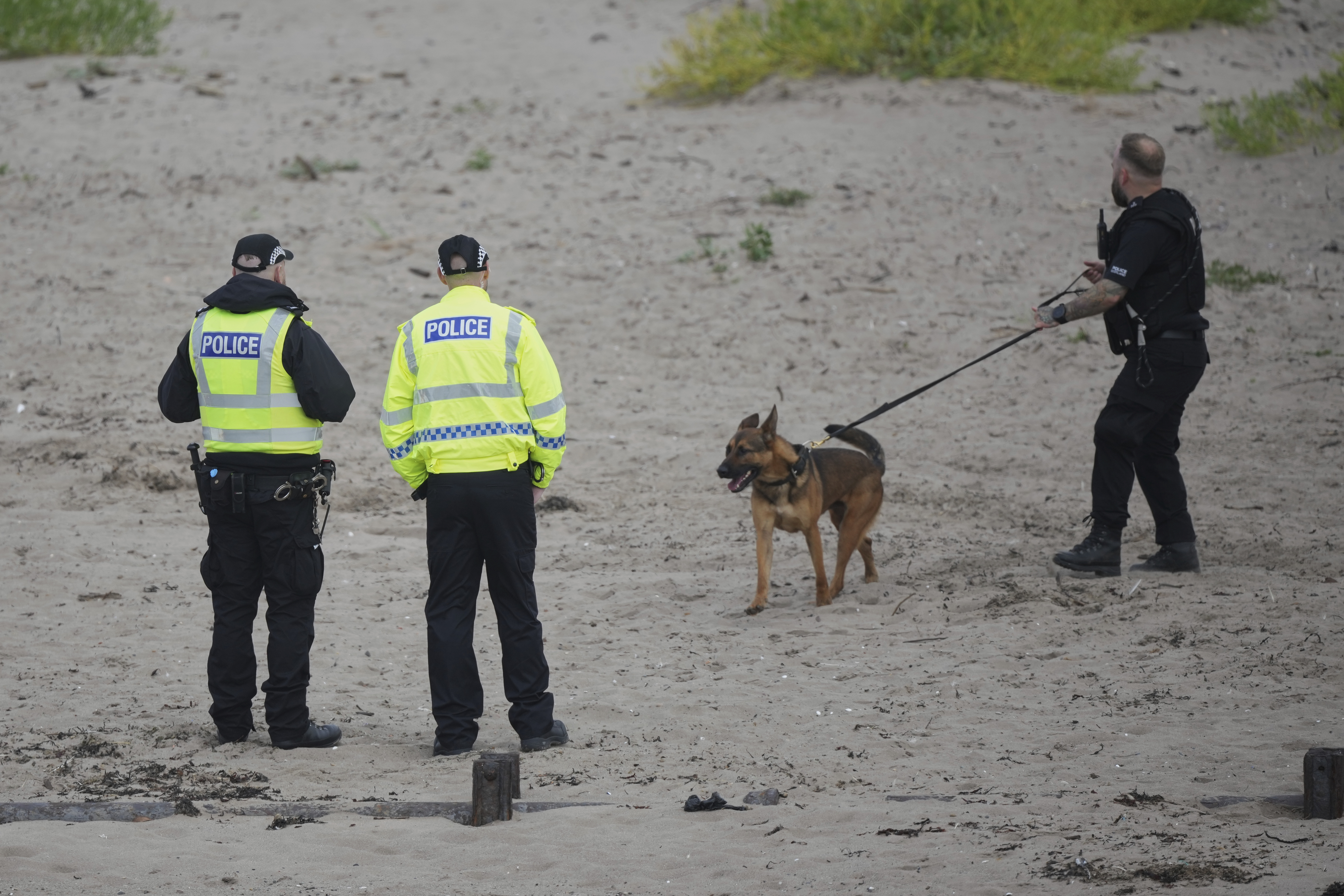 A police dog handler walks his dog on the beach to help with security at the Trump Turnberry golf course in Turnberry, Scotland, Friday, July 25, 2025, ahead of President Trump's visit Scotland. (AP Photo/Alastair Grant)