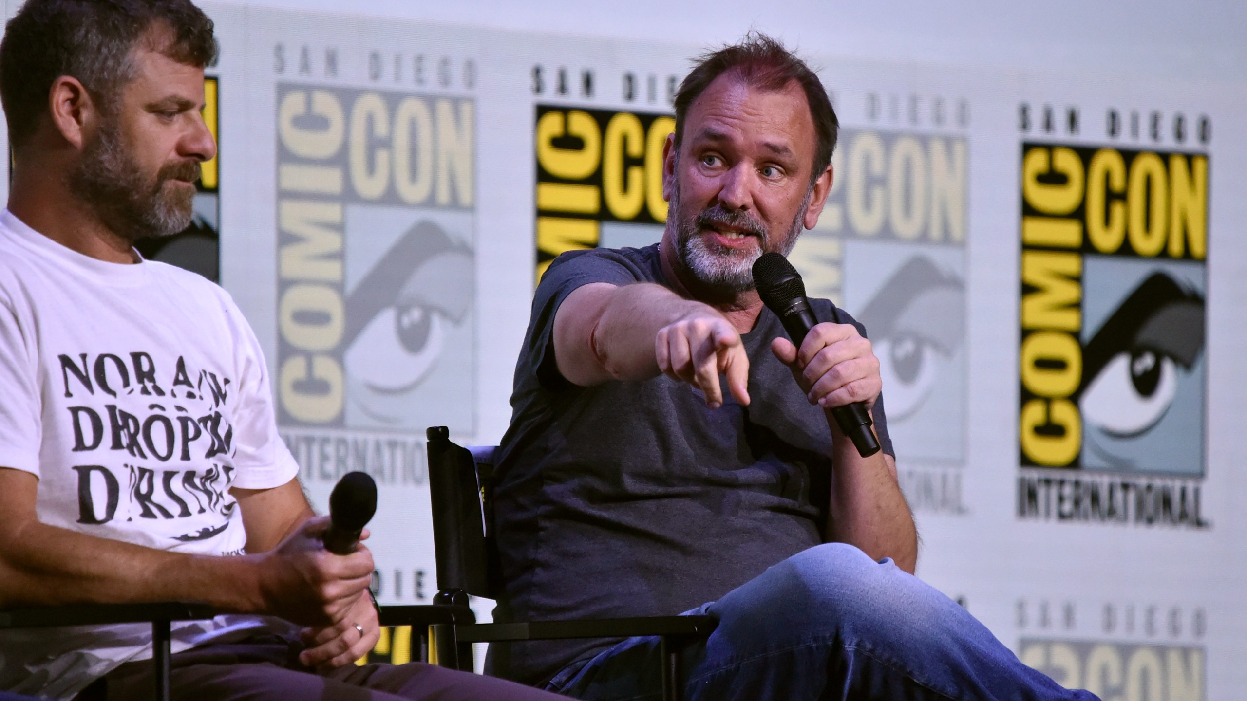 Matt Stone, left, and Trey Parker attend the Comedy Central Adult Animation: "South Park," "Beavis & Butt-Head," and "Digman!" panel during Comic-Con International on Thursday, July 24, 2025, in San Diego. (Photo by Richard Shotwell/Invision/AP)