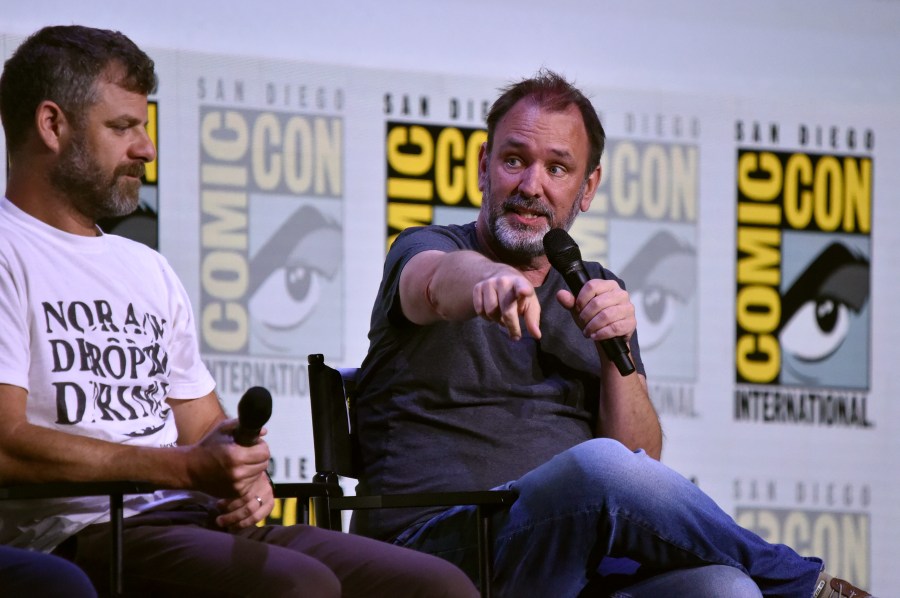 Matt Stone, left, and Trey Parker attend the Comedy Central Adult Animation: "South Park," "Beavis & Butt-Head," and "Digman!" panel during Comic-Con International on Thursday, July 24, 2025, in San Diego. (Photo by Richard Shotwell/Invision/AP)