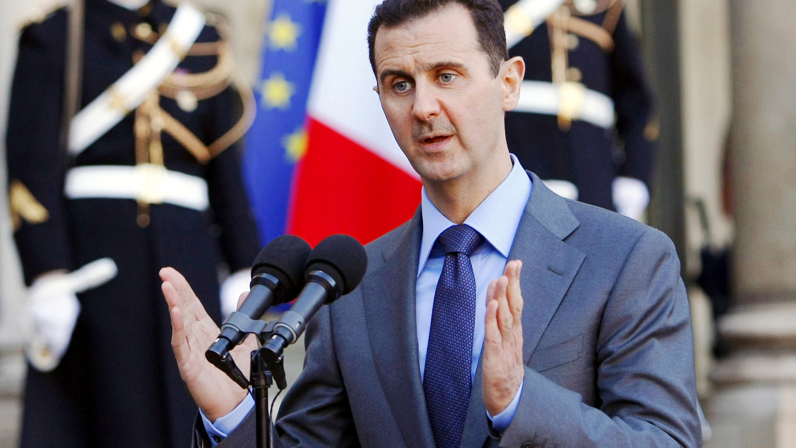 FILE - In this Dec. 9, 2010 file photo, then-Syrian President Bashar al-Assad addresses reporters at the Elysee Palace in Paris, France. (AP Photo/Remy de la Mauviniere, File)
