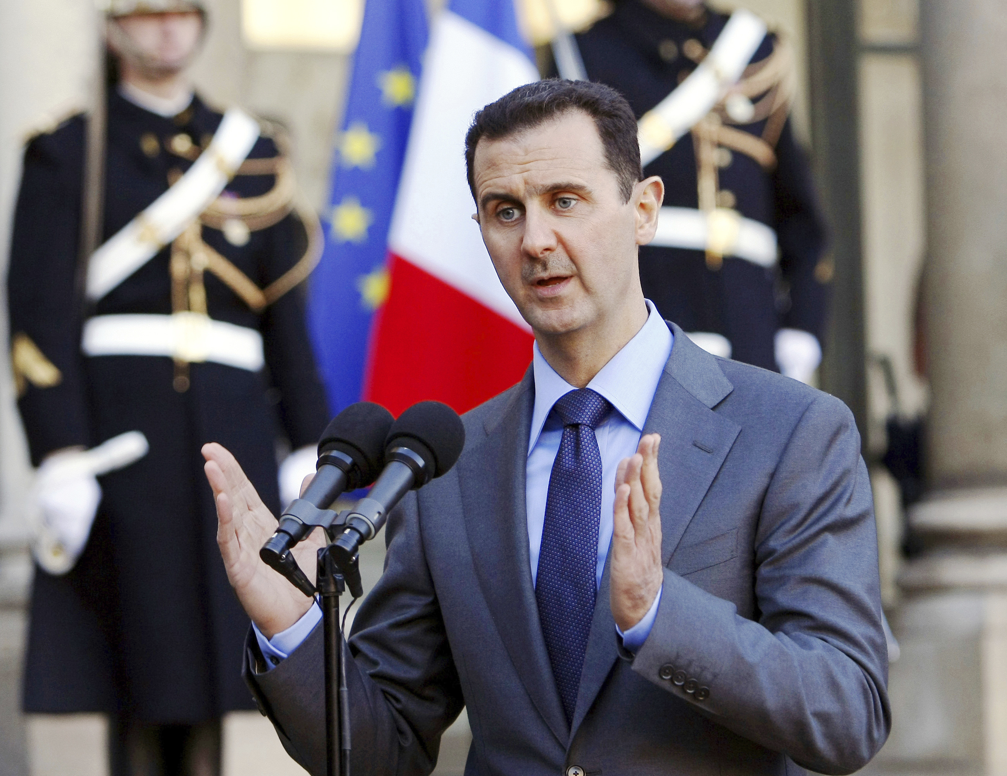 FILE - In this Dec. 9, 2010 file photo, then-Syrian President Bashar al-Assad addresses reporters at the Elysee Palace in Paris, France. (AP Photo/Remy de la Mauviniere, File)