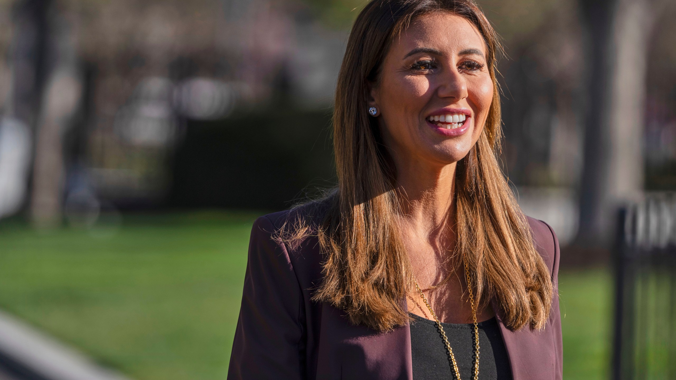 FILE — Alina Habba, President Donald Trump's pick to be the interim U.S. Attorney for New Jersey, arrives to speak with reporters outside the White House, March 26, 2025, in Washington. (AP Photo/Mark Schiefelbein, File)