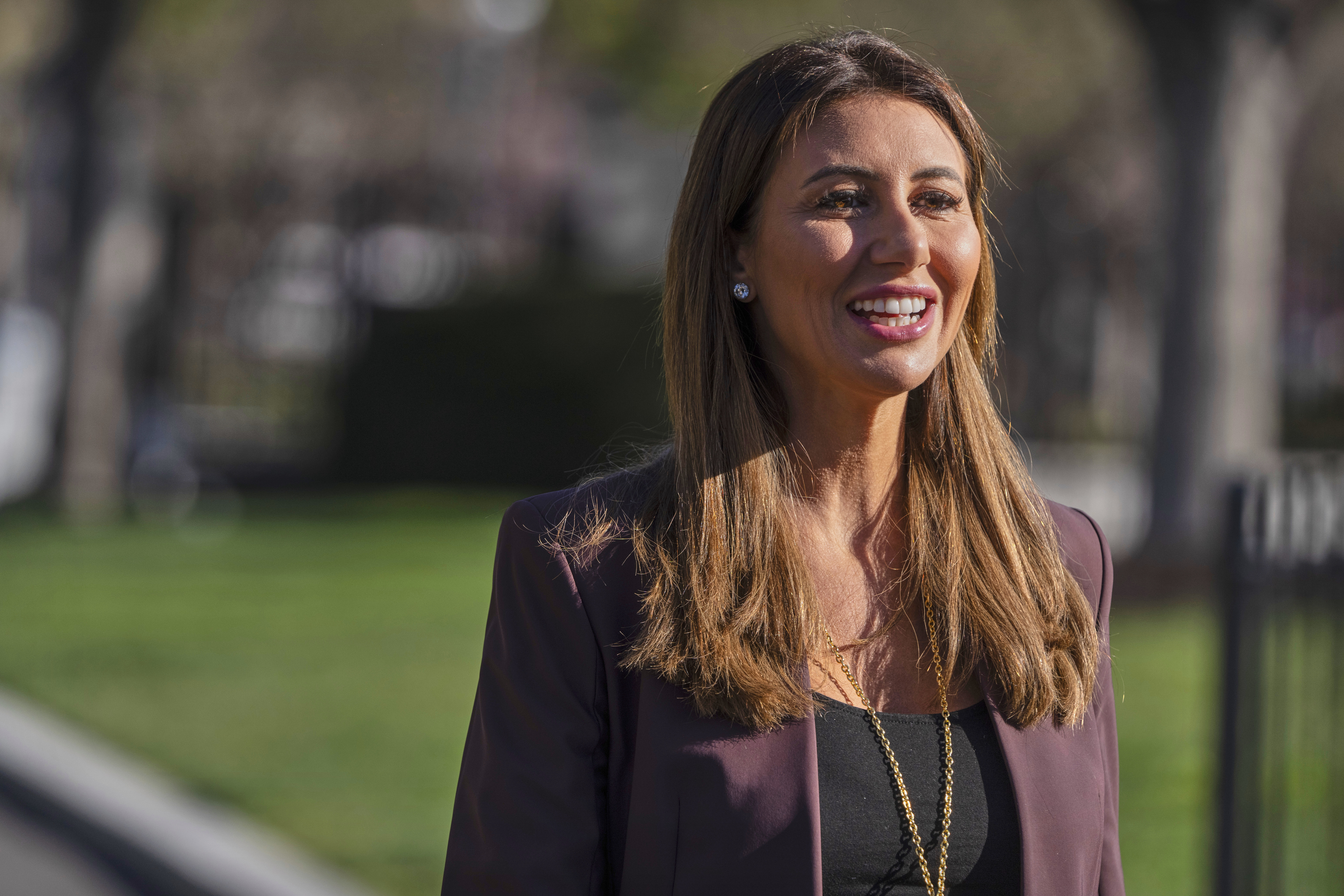 FILE — Alina Habba, President Donald Trump's pick to be the interim U.S. Attorney for New Jersey, arrives to speak with reporters outside the White House, March 26, 2025, in Washington. (AP Photo/Mark Schiefelbein, File)