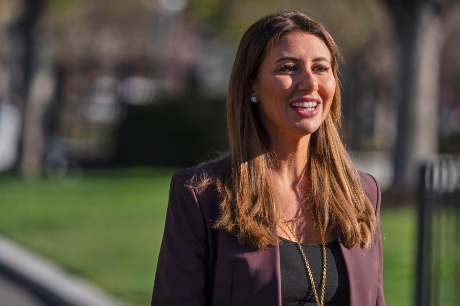 FILE — Alina Habba, President Donald Trump's pick to be the interim U.S. Attorney for New Jersey, arrives to speak with reporters outside the White House, March 26, 2025, in Washington. (AP Photo/Mark Schiefelbein, File)
