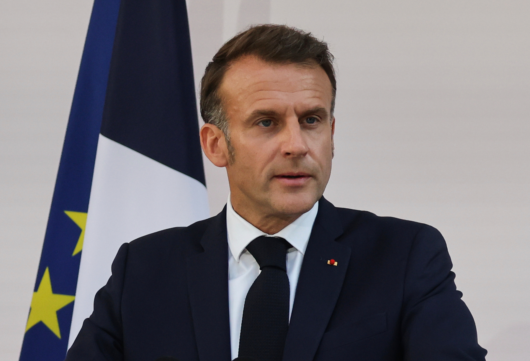 French President Emmanuel Macron speaks to the army leaders at the Hotel le Brienne, Sunday, July 13, 2025, ahead of the Bastille Day parade in Paris. (Ludovic Marin, Pool Photo via AP)