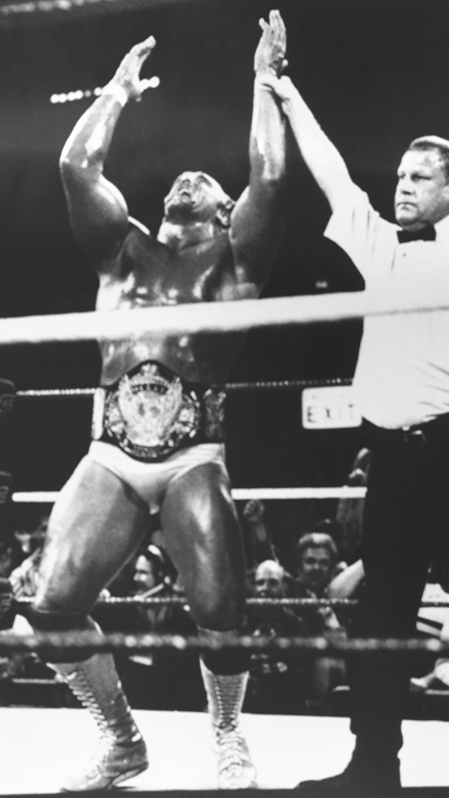 FILE - Hulk Hogan, left, wins back the World Wrestling Federation Title as he his declared the winner after defeating Randy "Macho Man" Savage during WrestleMania V, sponsored by Trump Plaza Hotel Casino, Sunday, April 4, 1989, in Atlantic City, N.J. (AP Photo/B. Vartan Boyajian, File)