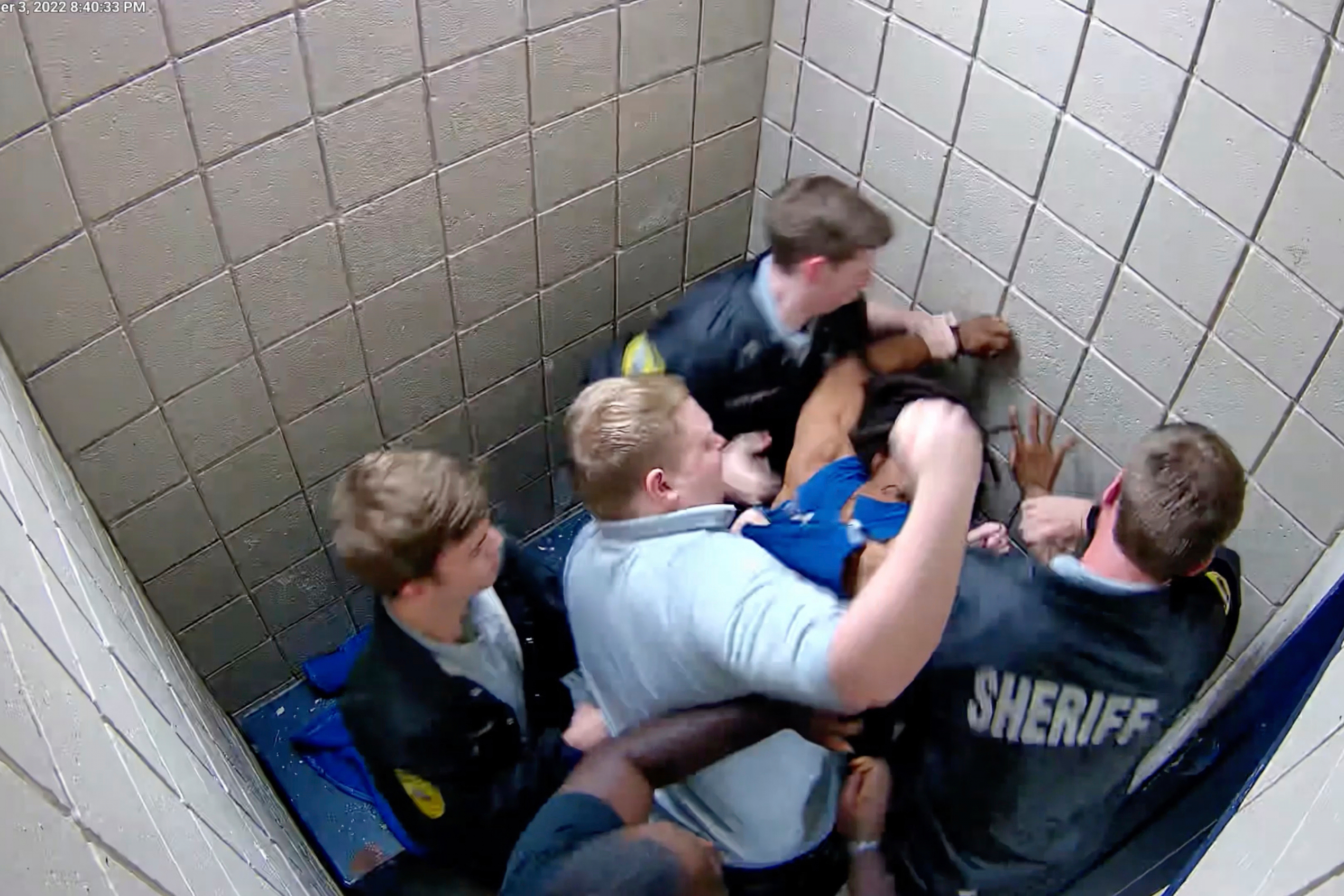 FILE - In this image from Camden County Detention Center surveillance video provided by attorney Harry Daniels, jailers beat detainee Jarrett Hobbs at the facility in Georgia, Sept. 3, 2022. (Camden County Detention Center/Courtesy of Attorney Harry Daniels via AP, File)