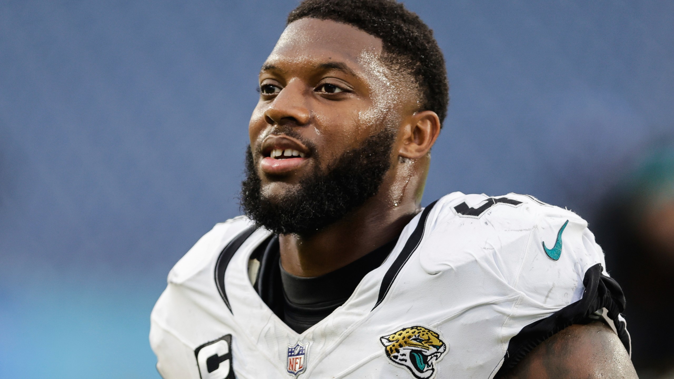FILE - Jacksonville Jaguars defensive end Josh Hines-Allen (41) walks off the field following an NFL football game against the Tennessee Titans, Dec. 8, 2024, in Nashville, Tenn. (AP Photo/Stew Milne, File)