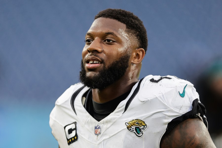 FILE - Jacksonville Jaguars defensive end Josh Hines-Allen (41) walks off the field following an NFL football game against the Tennessee Titans, Dec. 8, 2024, in Nashville, Tenn. (AP Photo/Stew Milne, File)