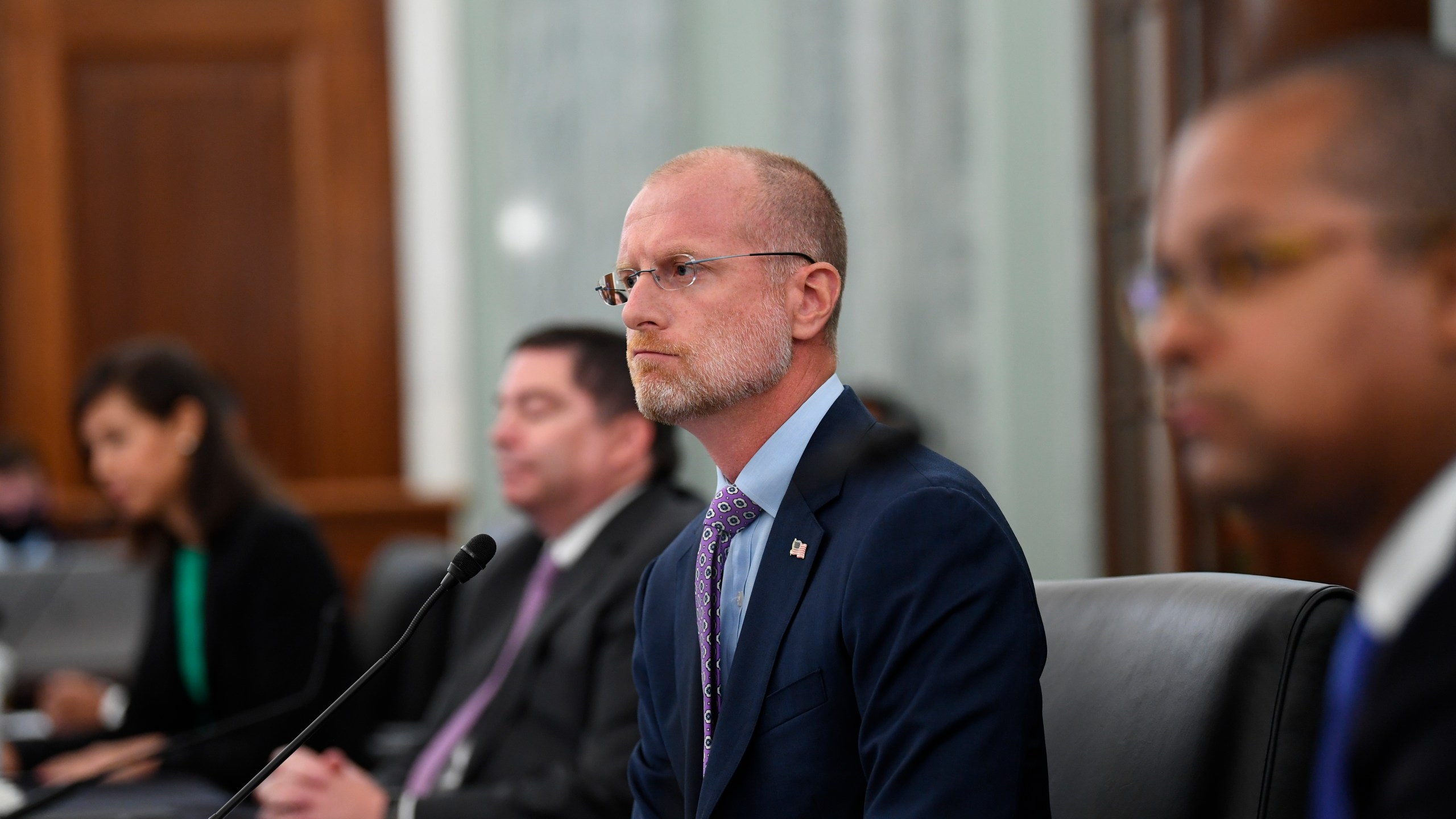 FILE - Brendan Carr listens during a Senate Commerce, Science, and Transportation committee hearing to examine the Federal Communications Commission on Capitol Hill in Washington, June 24, 2020. (Jonathan Newton/The Washington Post via AP, File)
