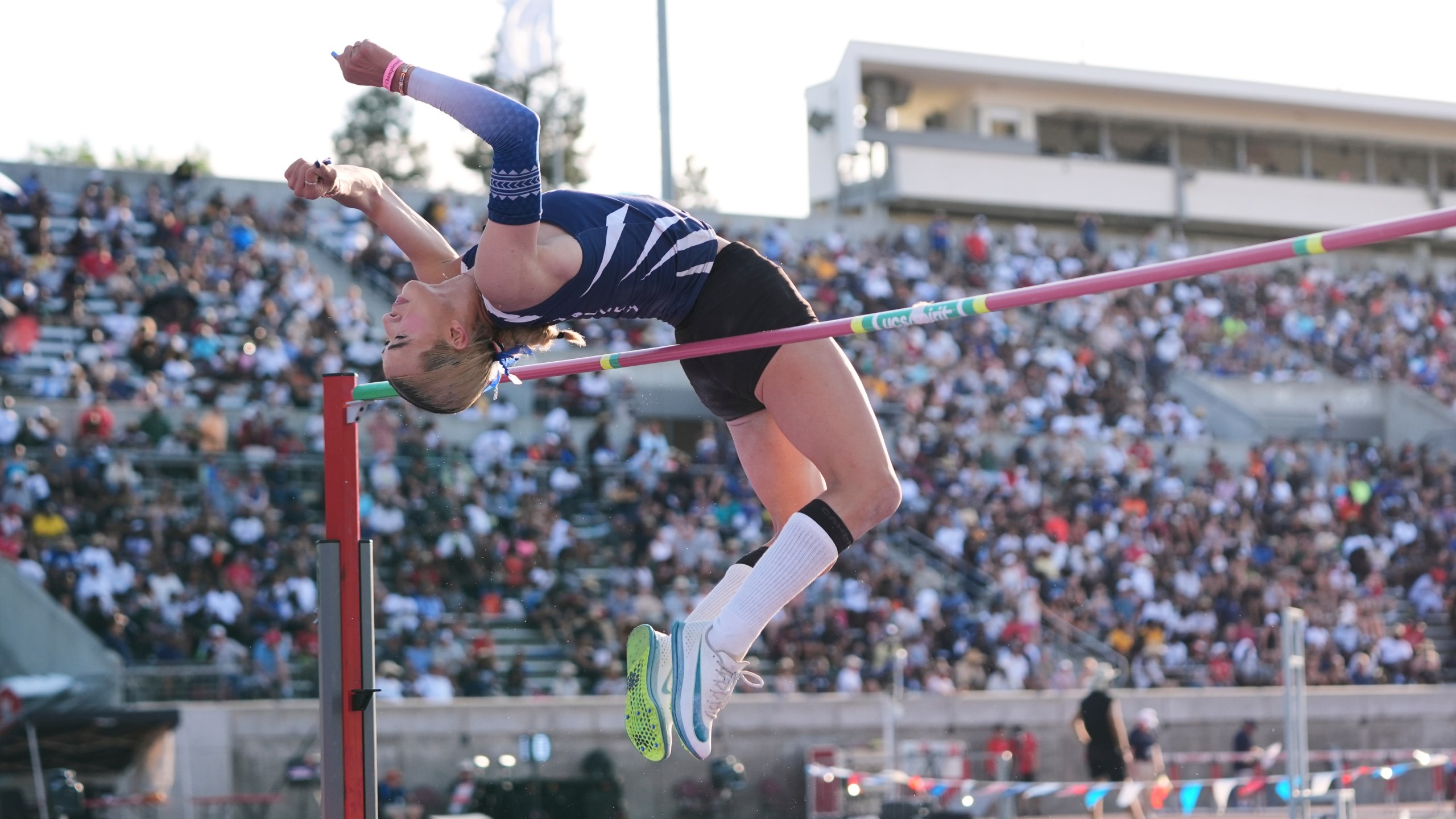 FILE - AB Hernandez, a transgender student at Jurupa Valley High School, competes in the high jump at the California high school track-and-field championships in Clovis, Calif., May 31, 2025. (AP Photo/Jae C. Hong, File)